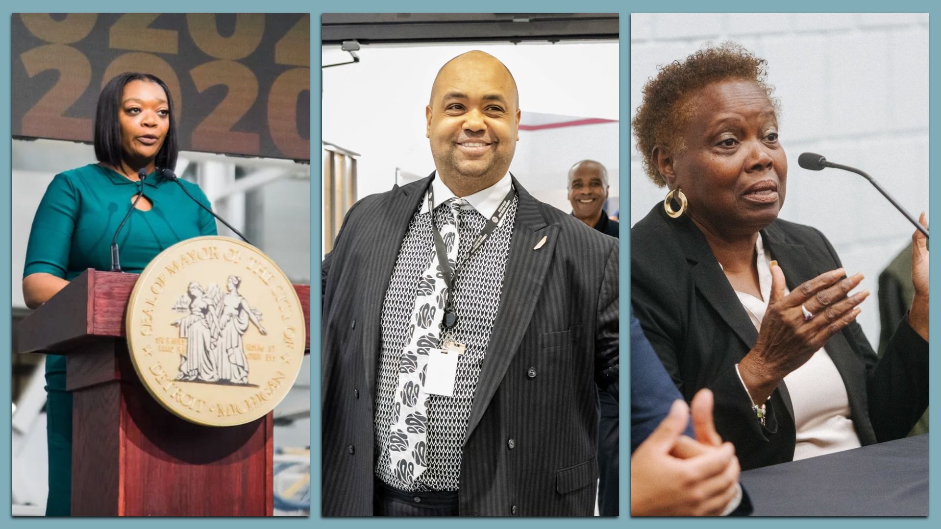 Three images: Ayers speaking at a podium, Young smiling, and Waters speaking into a microphone.