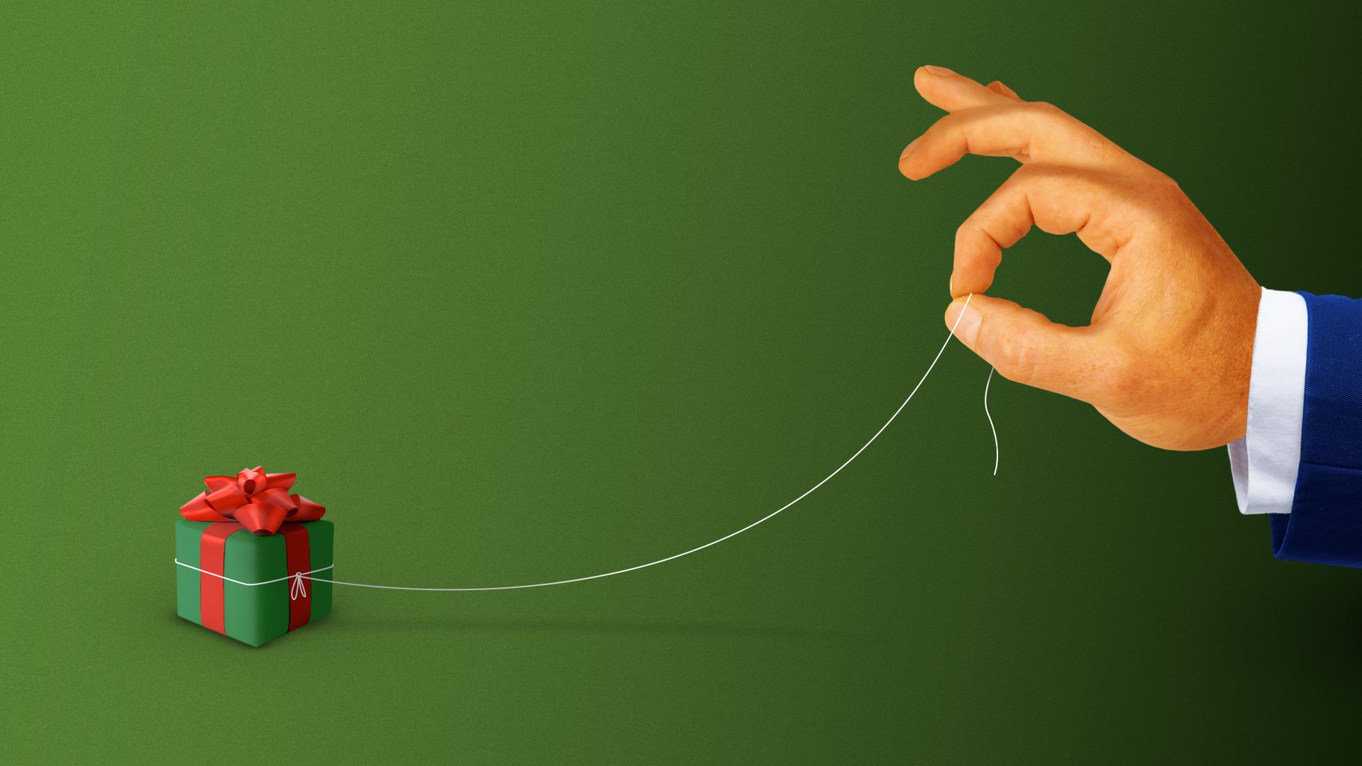 Illustration of President Trump's hand holding a string tied to a small gift as if he could pull it away at any moment.