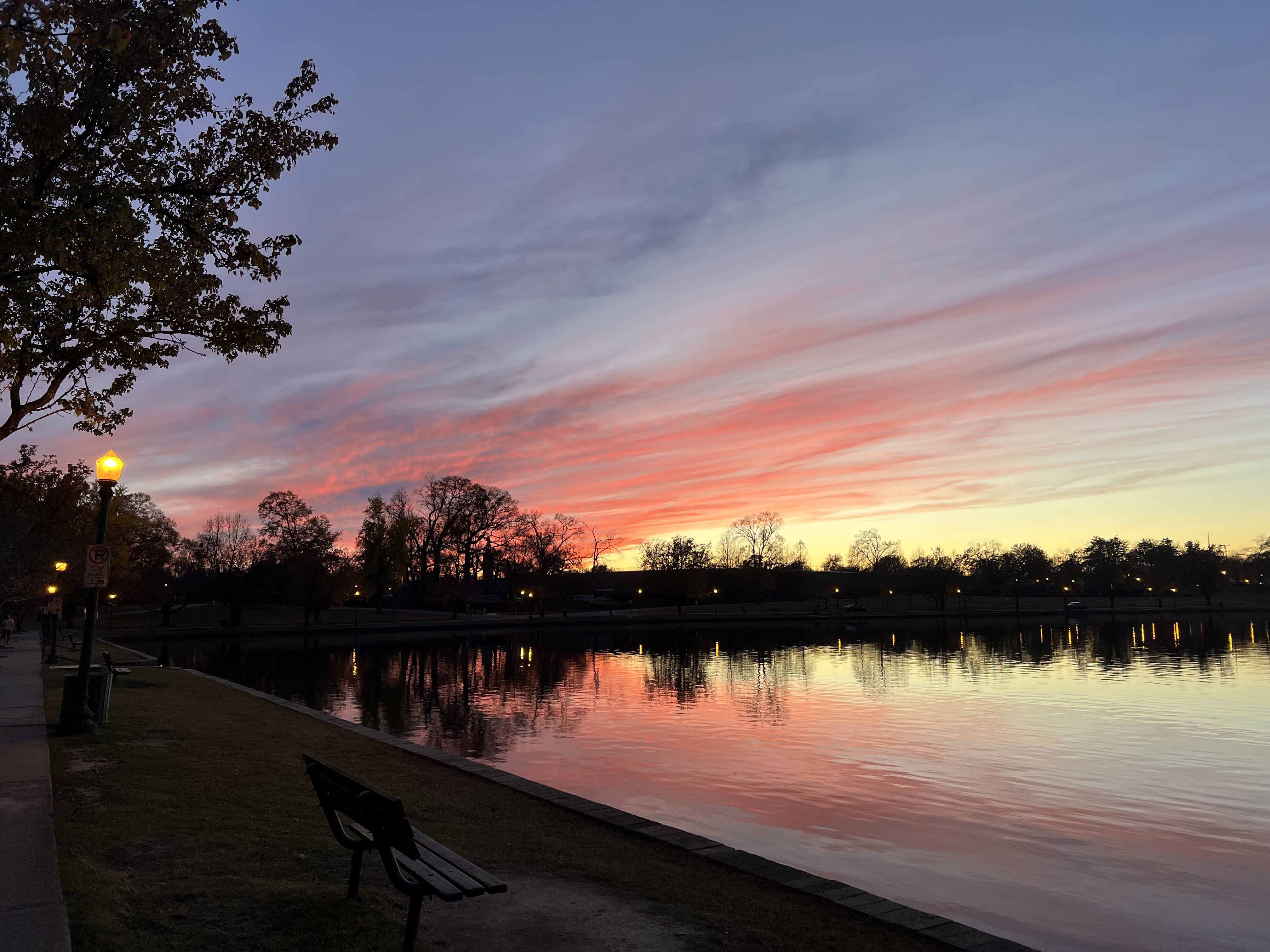 Park bench by a lakeside at sunset with pink, orange, and purple clouds reflecting on calm water; trees and lampposts along the walkway illuminated in soft evening light.