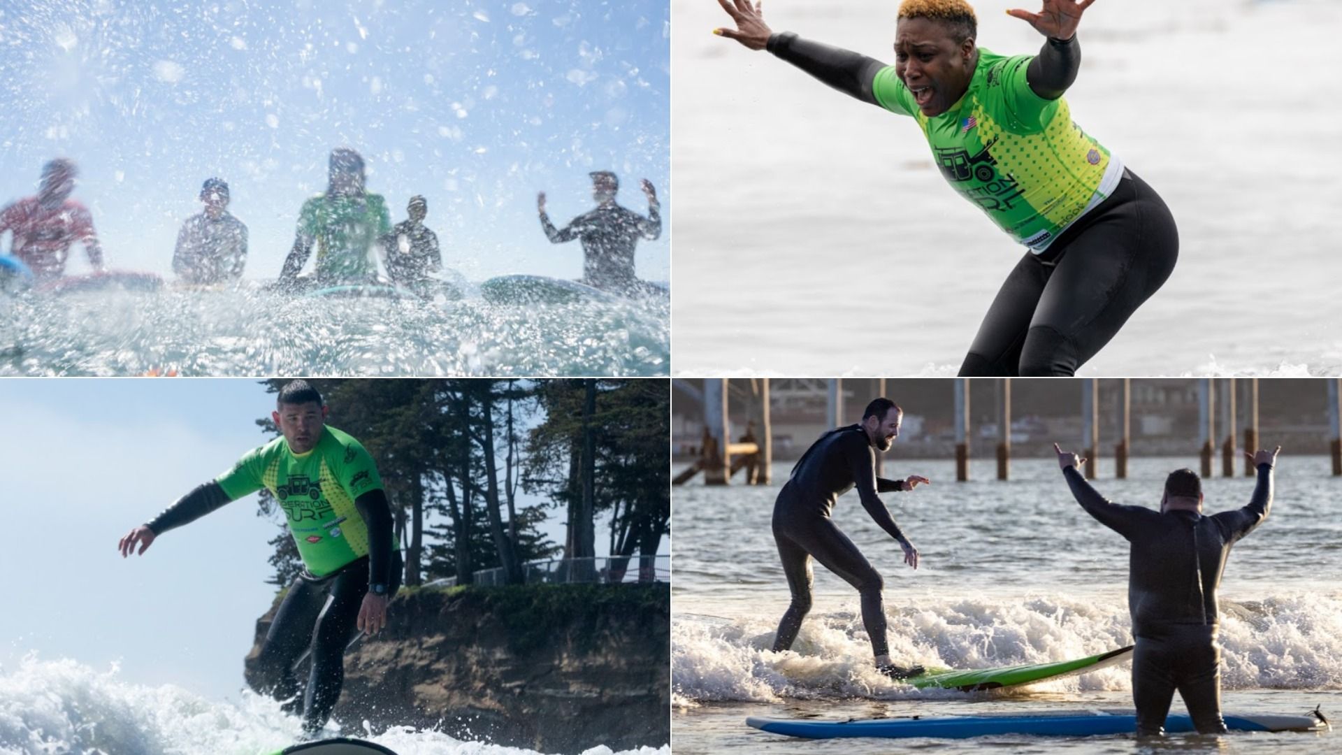 Four images show people surfing: group waiting in water with splash, woman in green top raising arms excitedly, man in green top surfing near cliff, two men in black wetsuits with surfboards in shallow water.