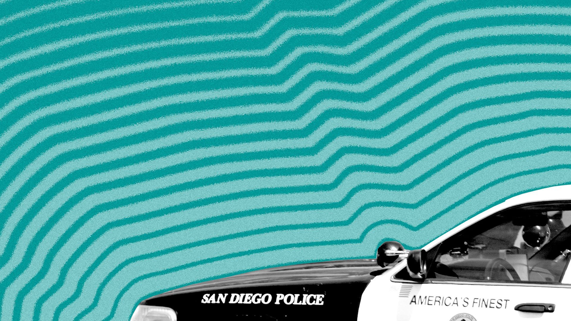 Photo illustration of a San Diego Police cruiser with lines radiating from it.