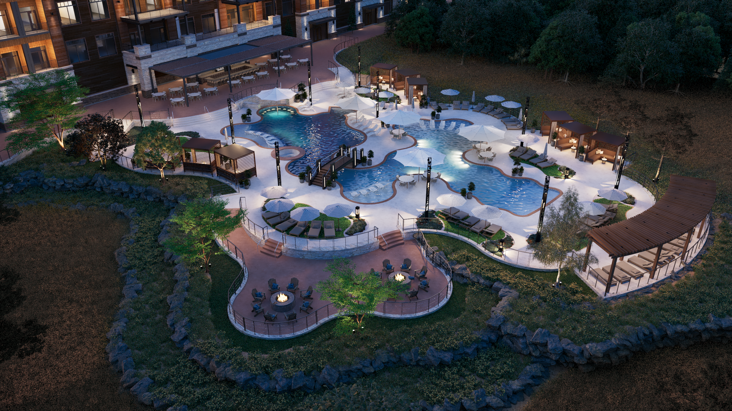 What the pool might look like, trees, pavilions, tall lights