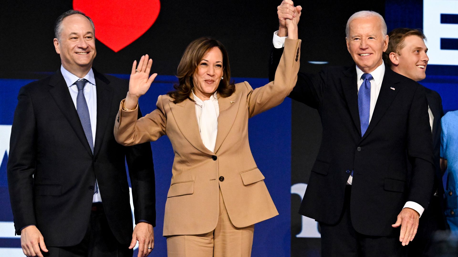 US Second Gentleman Doug Emhoff, from left, US Vice President Kamala Harris, and US President Joe Biden during the Democratic National Convention (DNC) at the United Center in Chicago, Illinois, US, on Monday, Aug. 19, 2024. The race for the White House will reach a fever pitch this week, with Vice 