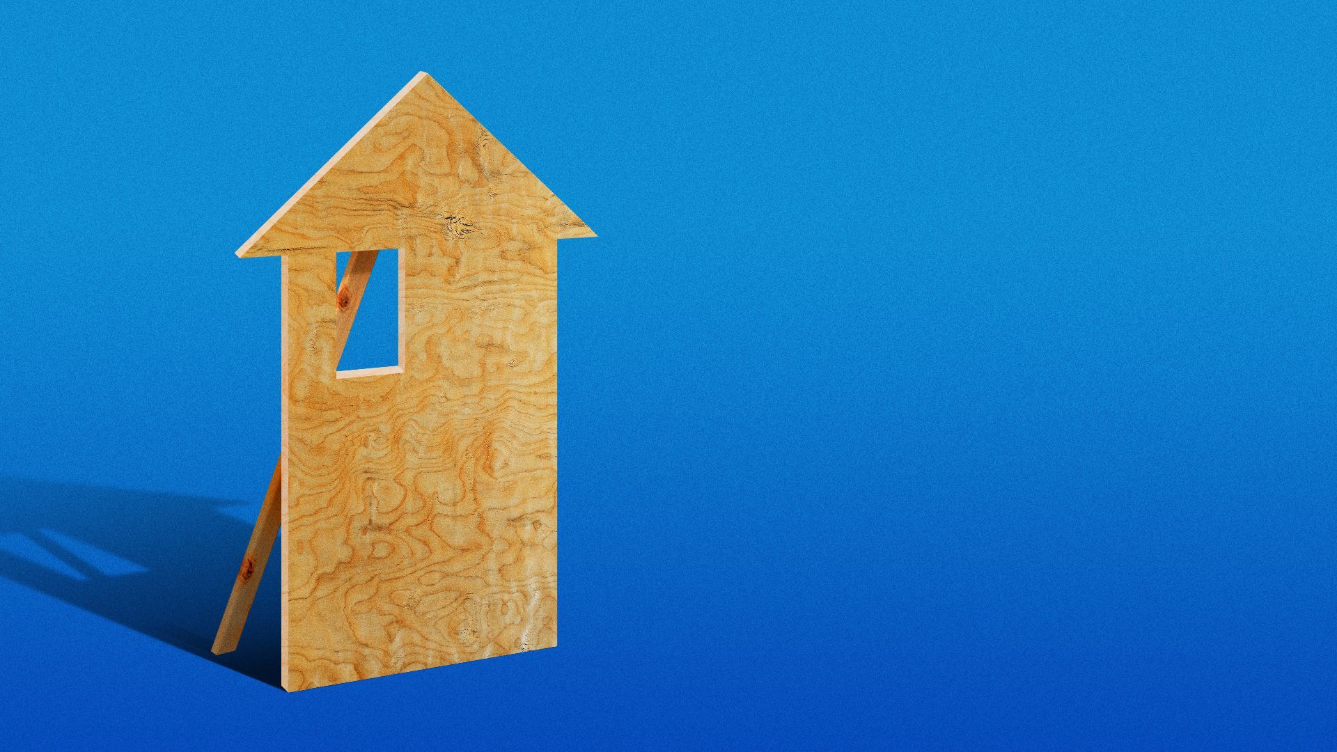Illustration of a plywood house that is also an upward arrow. 