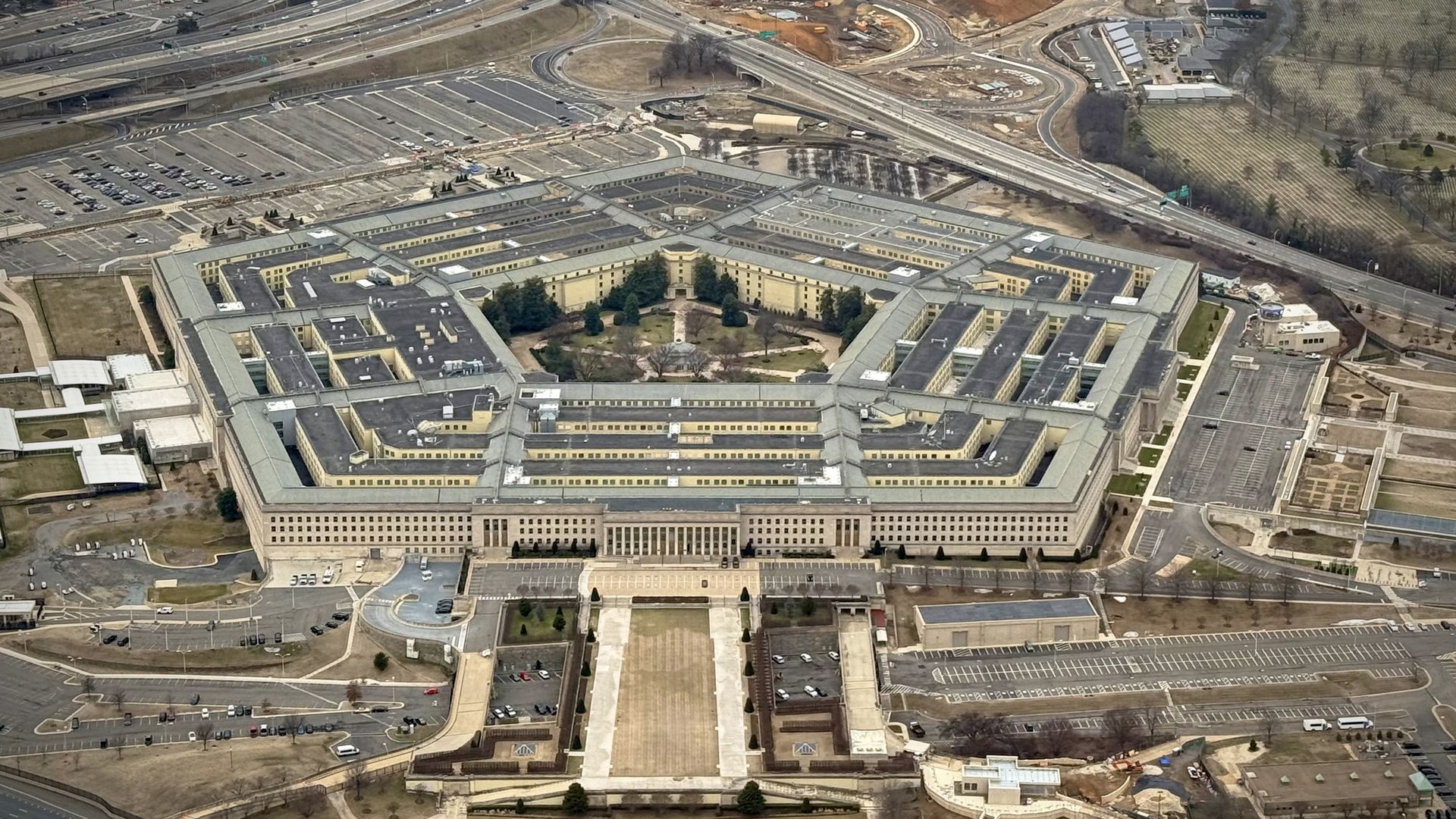 The Pentagon and its surroundings, seen from the air.