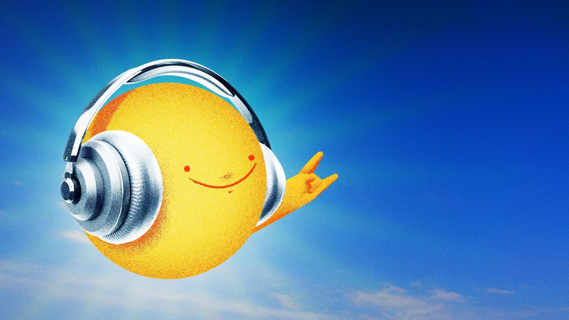 Illustration of a sun listening to headphones and smiling. 