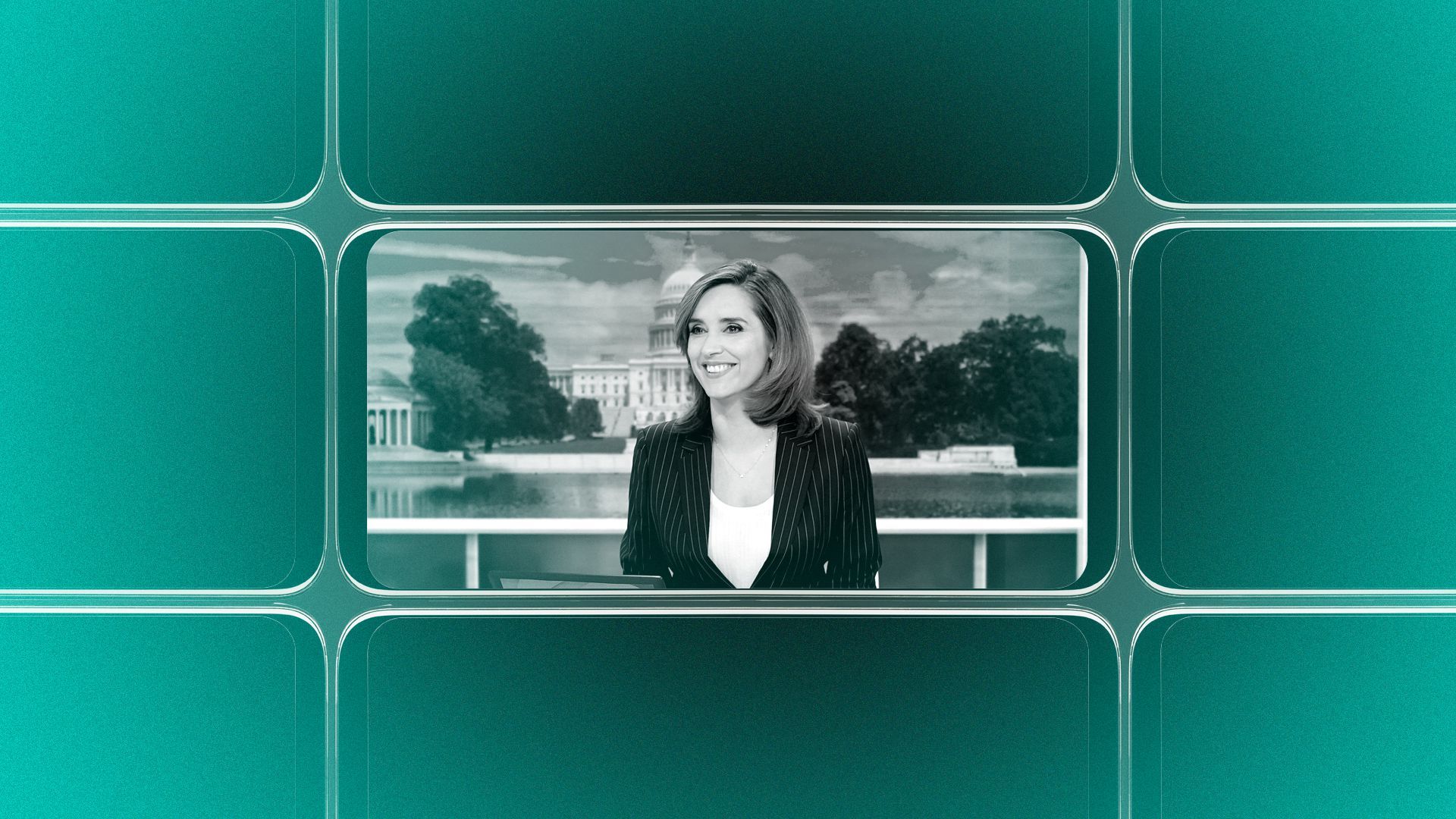 Photo illustration of a grid of smartphone screens, the center one showing an image of Margaret Brennan.