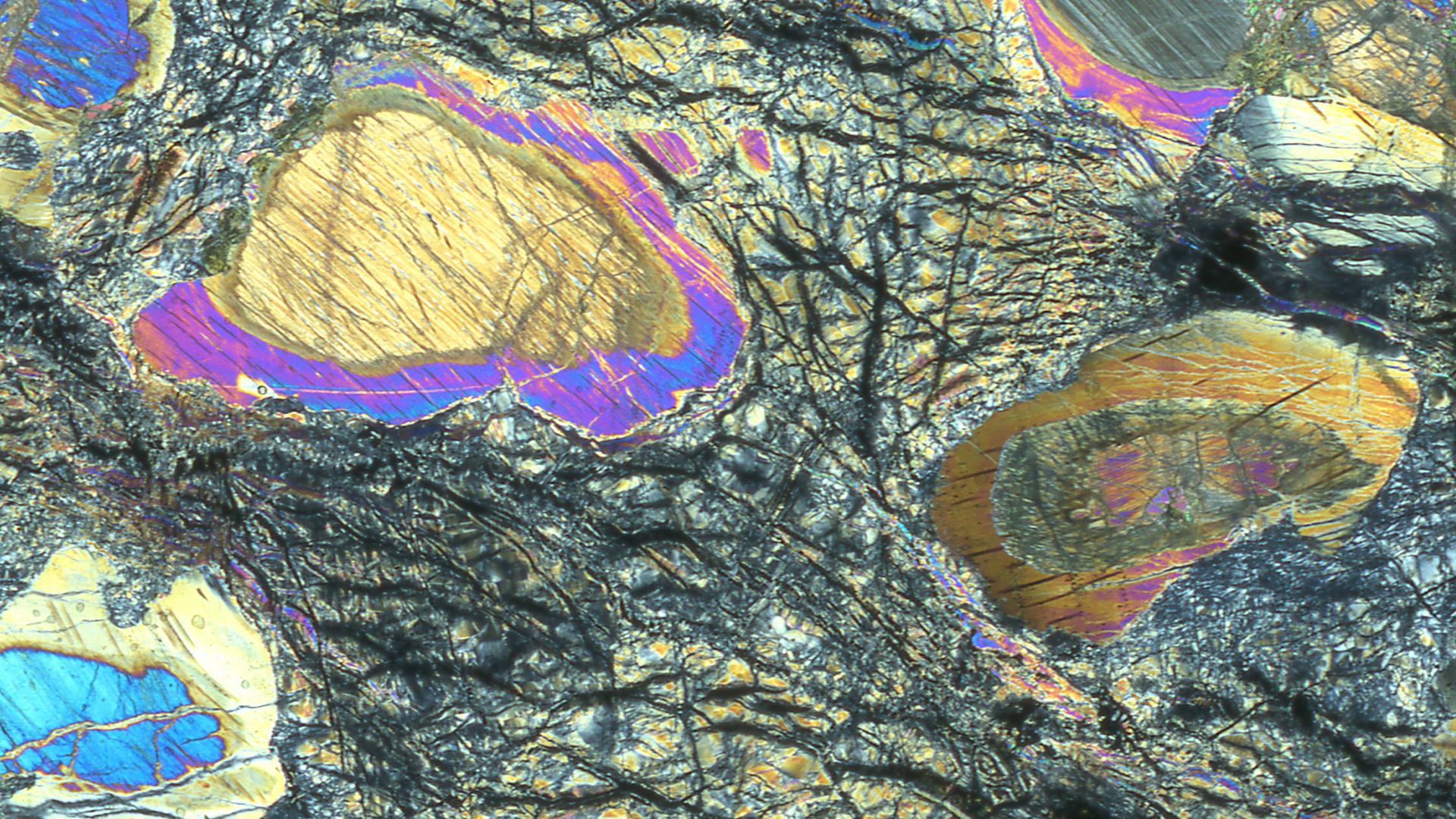 Mantle rock recovered during IODP Expedition 399 viewed down a petrographic microscope, preserving a history of both mantle melting and seawater-rock interaction