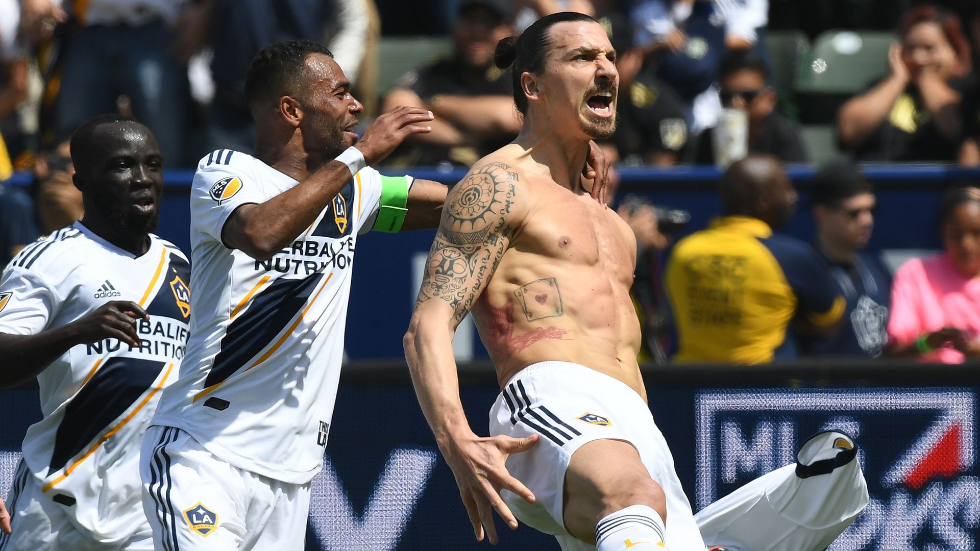 Zlatan Ibrahimovic celebrates a goal