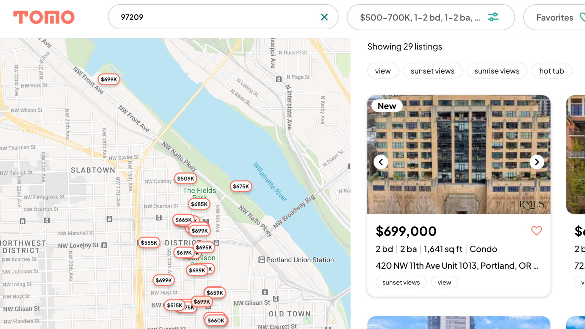 A screen grab of a Google map of Portland real estate listings next to a photo of a condo building