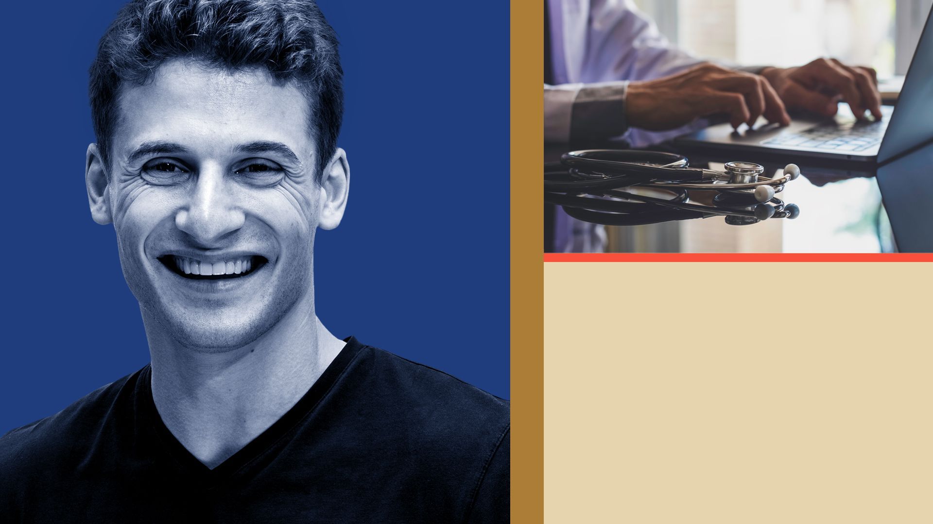 Photo illustration of Ro CEO Zachariah Reitano besides various shapes and an image of a doctor at a laptop