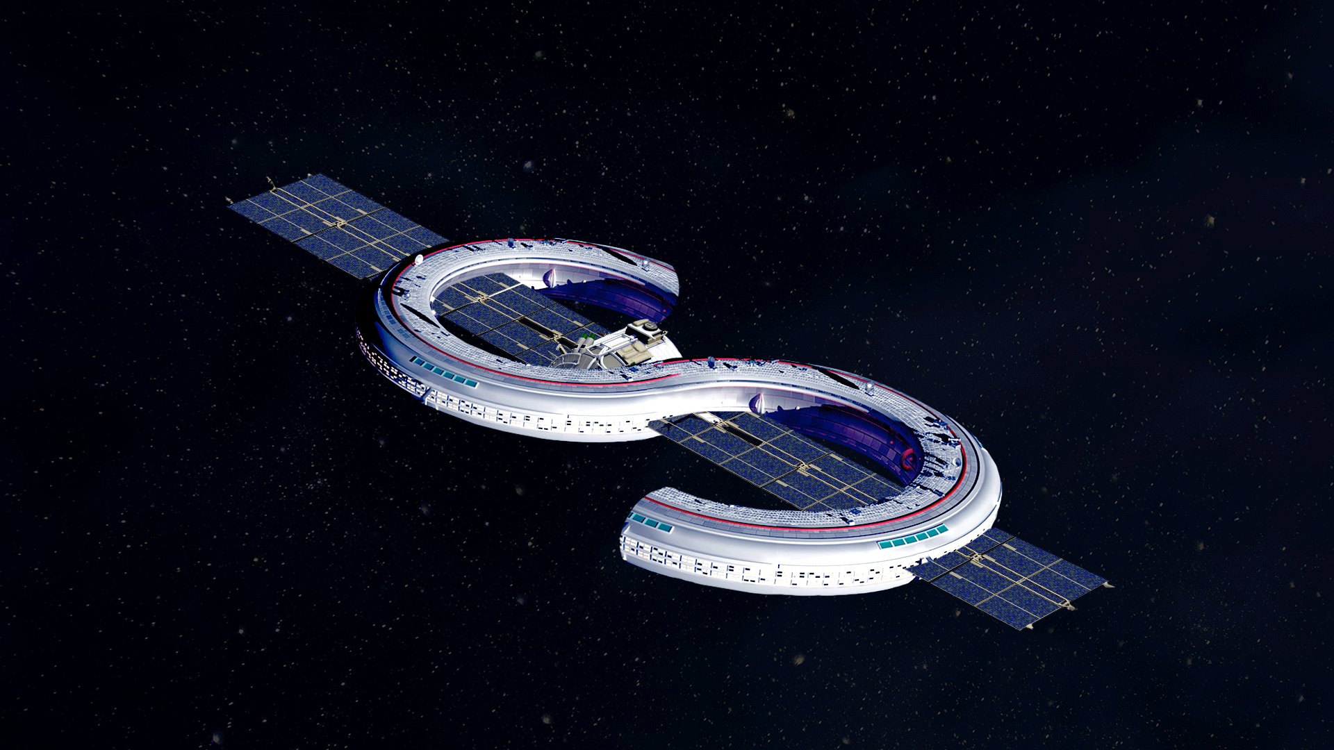 Illustration of a space station in the shape of a dollar bill sign.