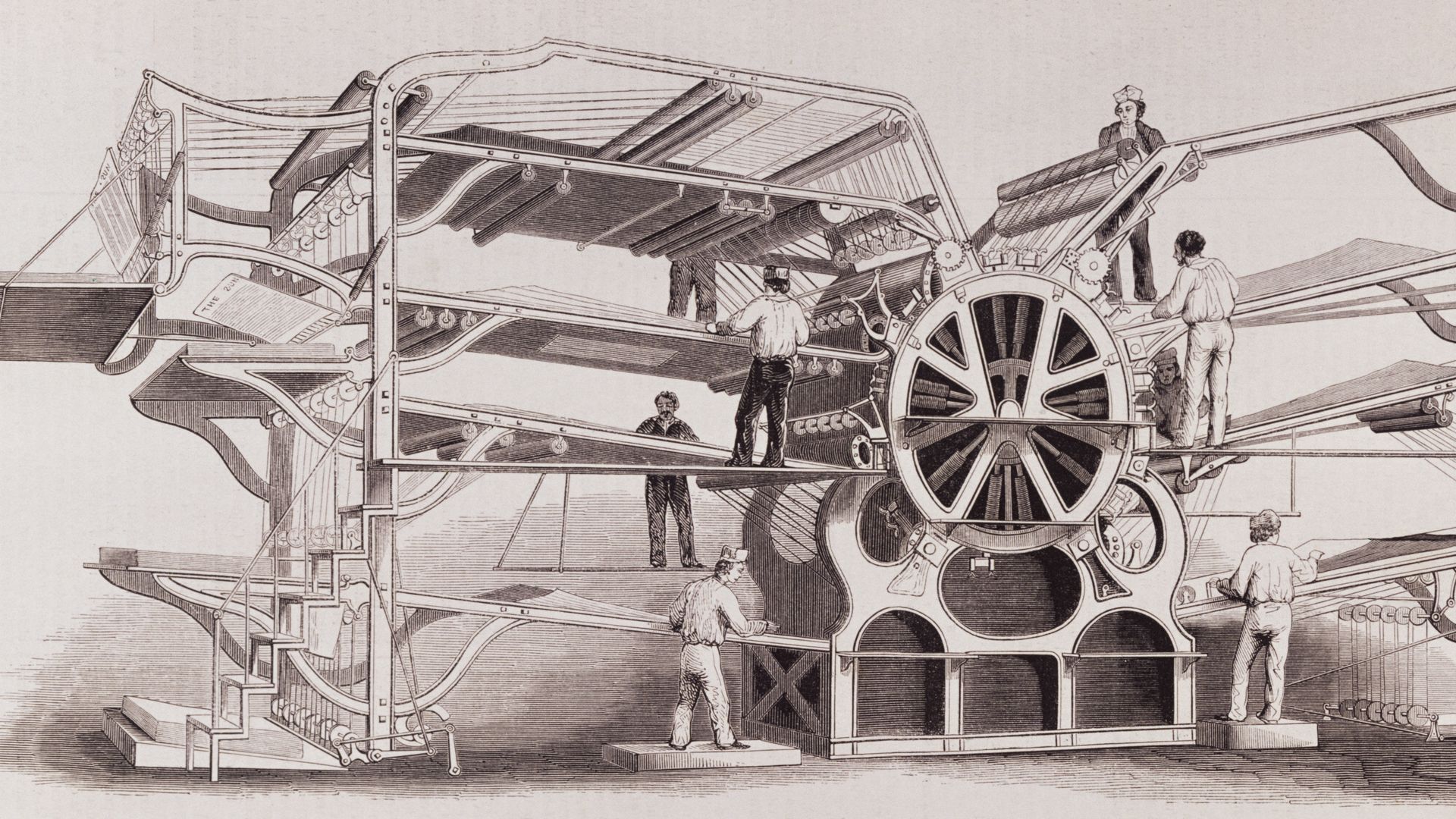 Antique illustration of a 19th-century steam powered printing press