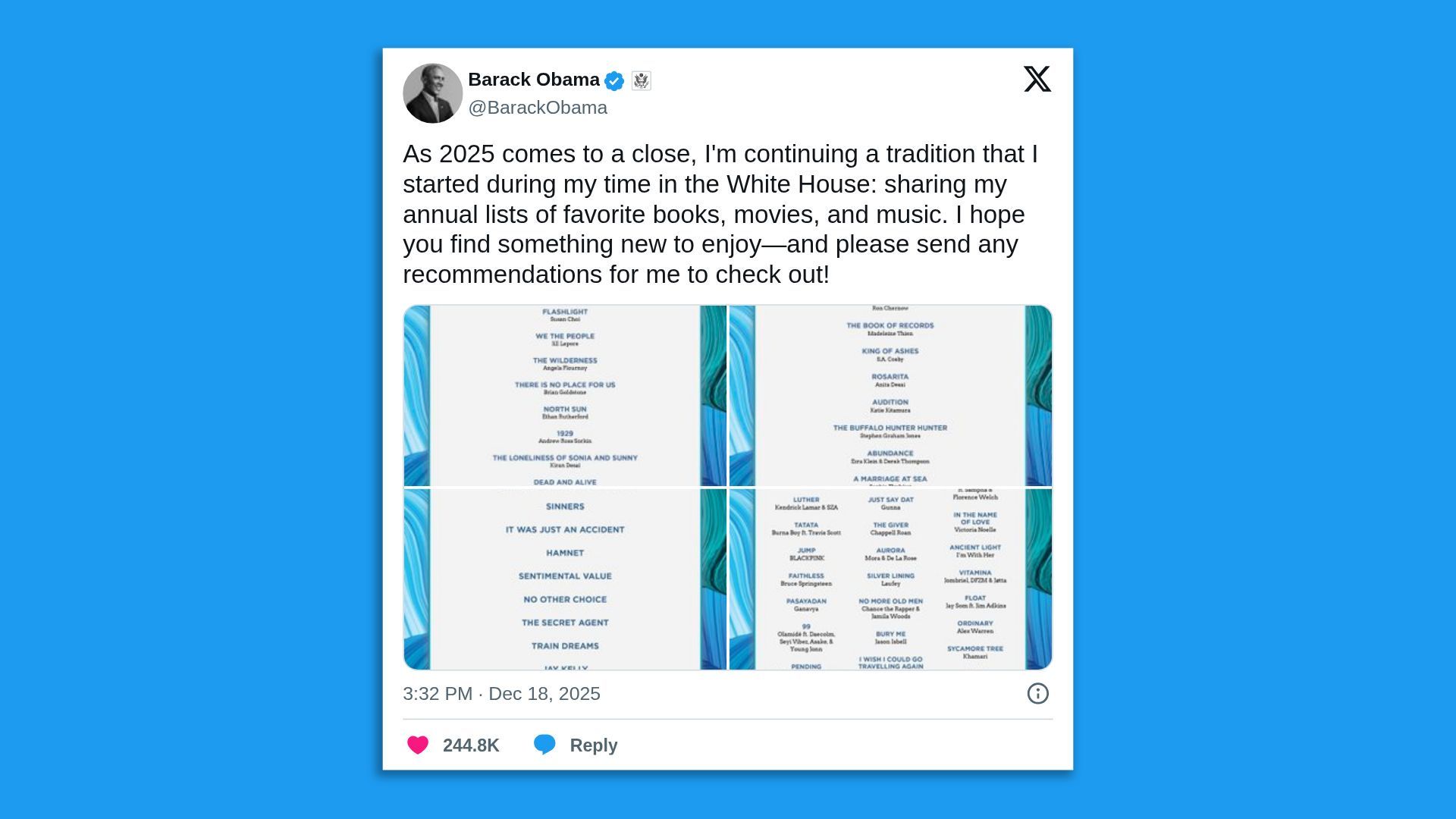 A tweet from Barack Obama on Dec 18, 2025, sharing his annual list of favorite books, movies, and music with a collage of titles in blue bordered boxes, inviting recommendations.