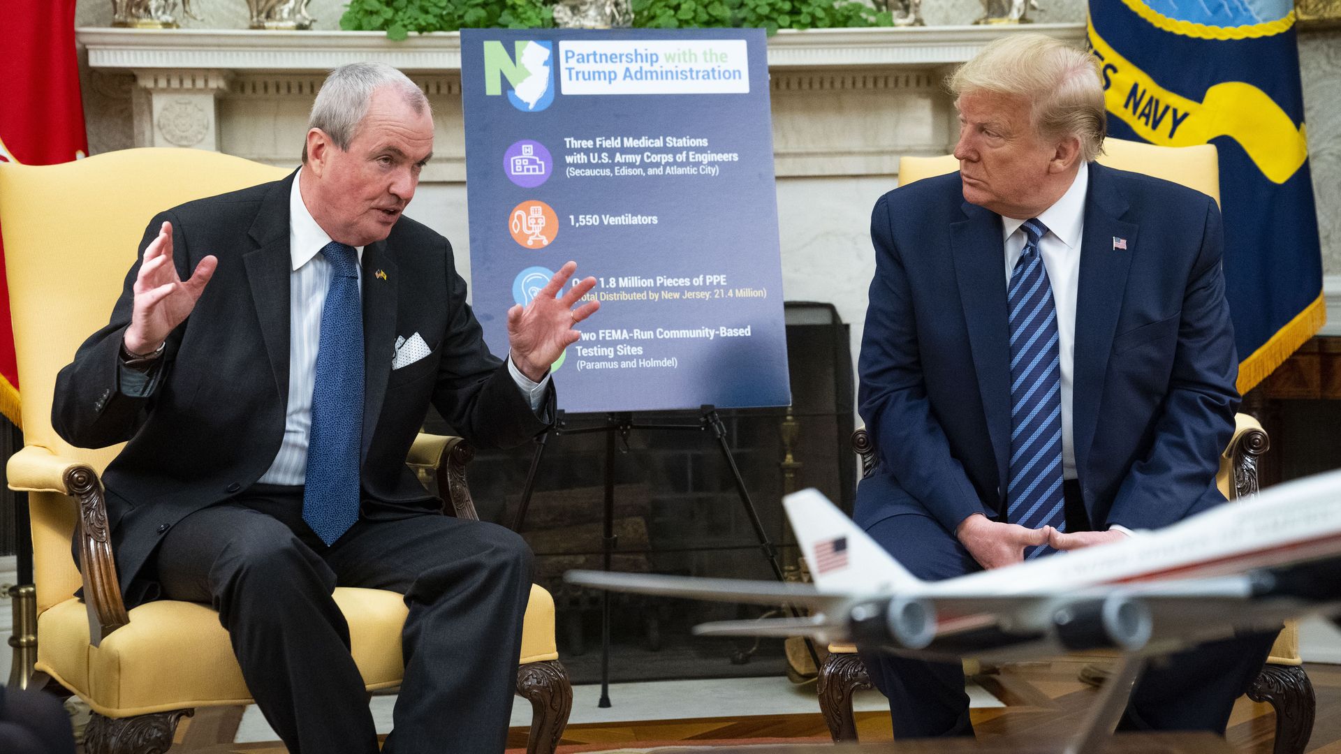  U.S. President Donald Trump meets with New Jersey Gov. Phil Murphy (L) in the Oval Office of the White House April 30, 2020 in Washington, DC.