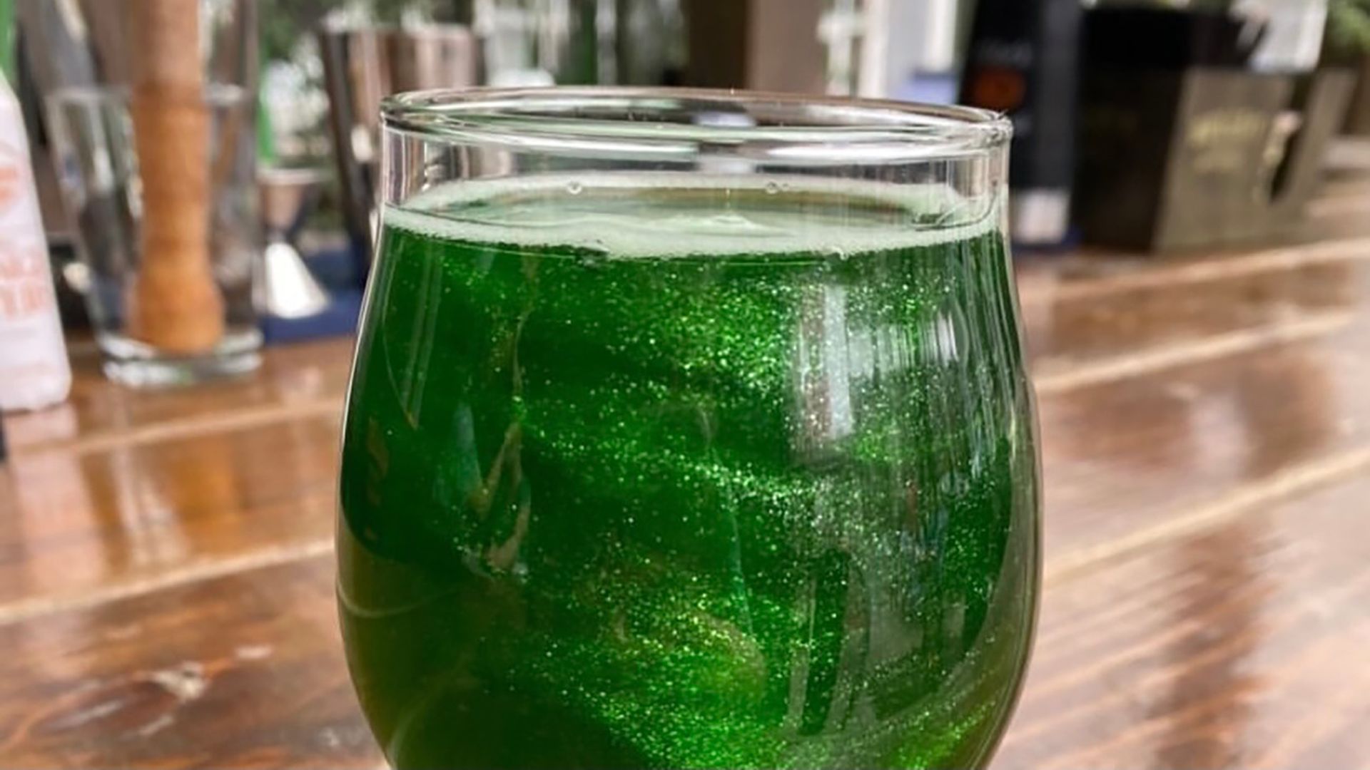 green glittery beer from Charlotte Beer Garden