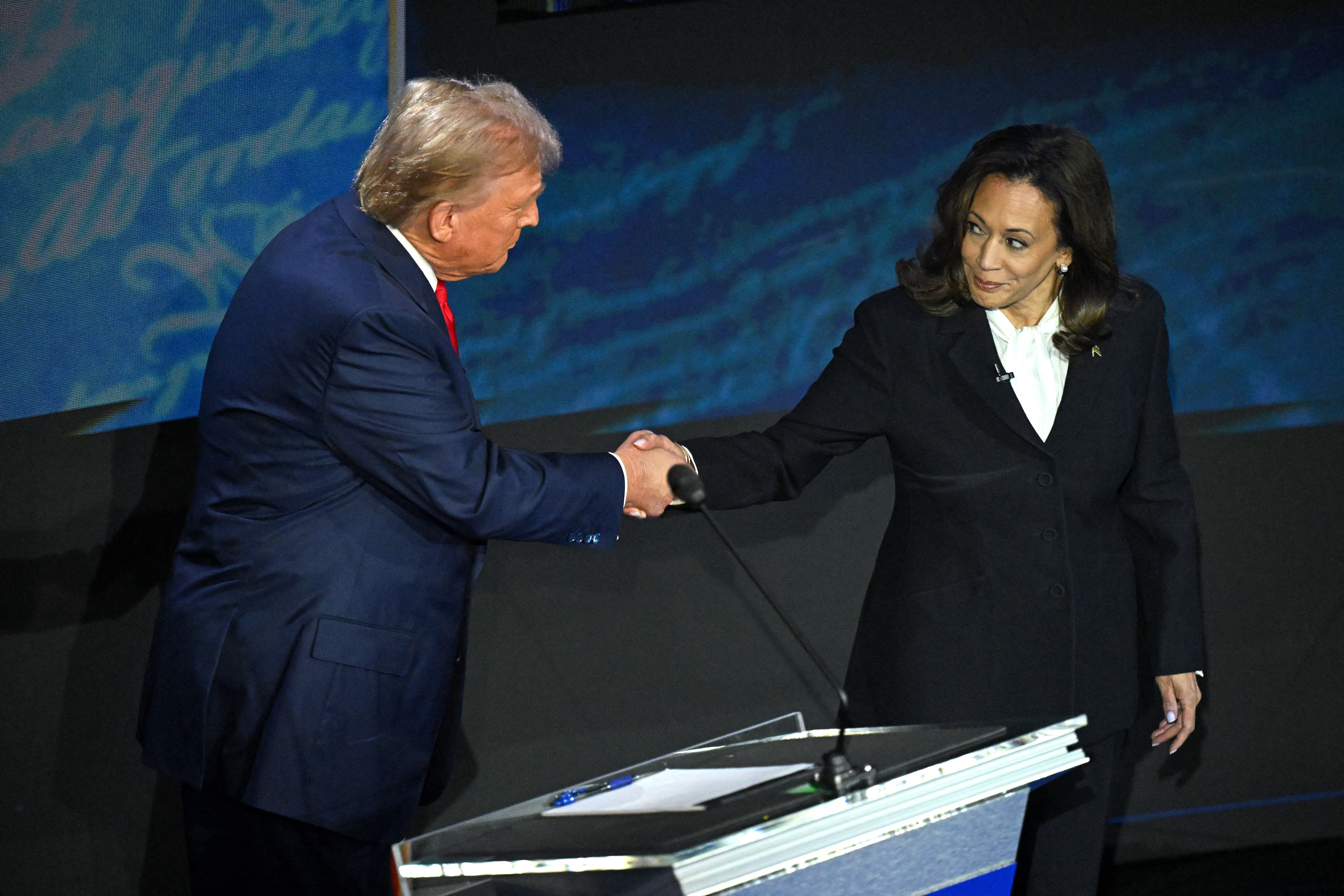 Former President Trump and Vice President Harris shake hands during last week's debate in Philadelphia.