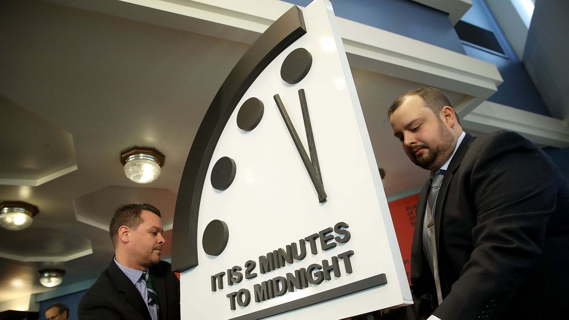 The doomsday clock, reading "it is 2 minutes to midnight"