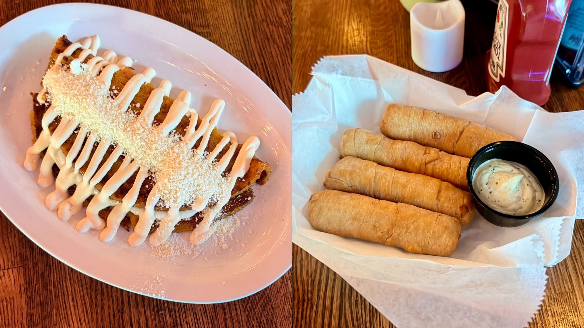Split image: left a pink plate with a crispy rectangular fried item drizzled with white sauce and cheese; right four golden taquitos in a basket with ranch dip.