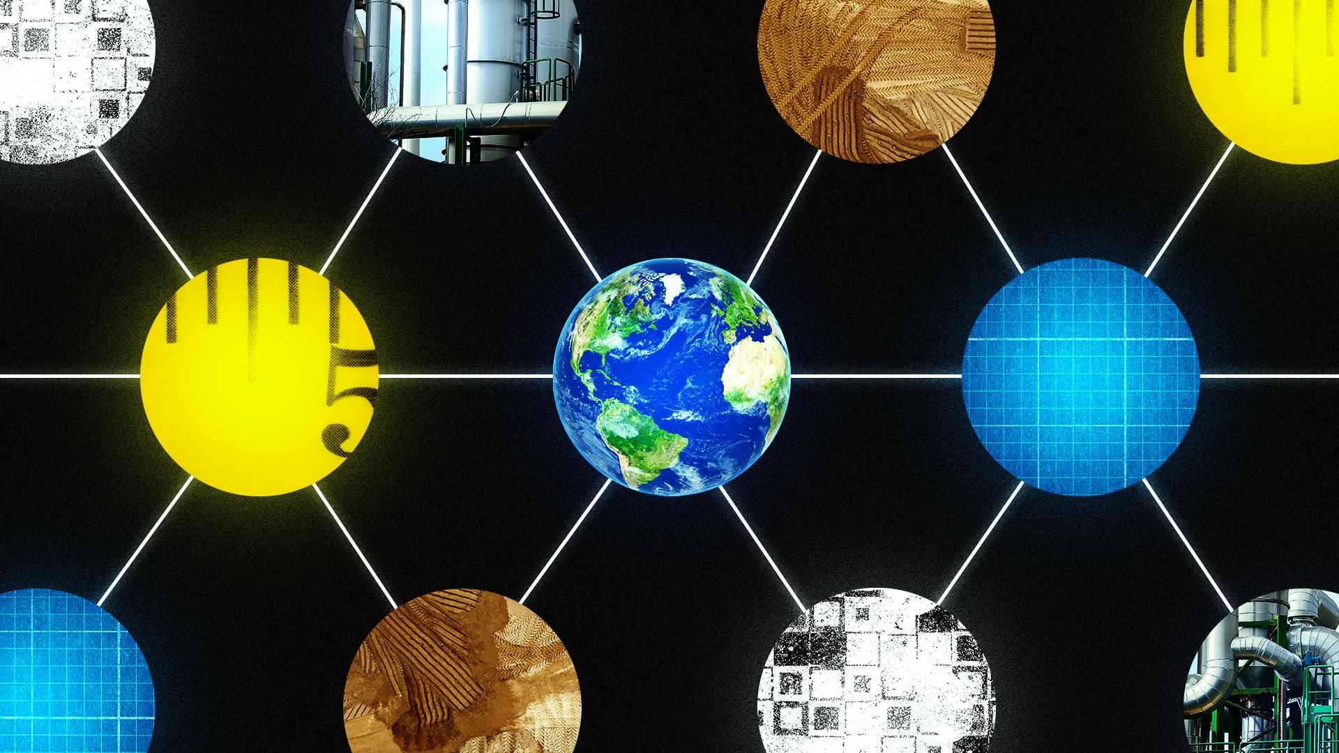Illustration of the Earth surrounded by a network of other circles, all done in a collage style and showing various textures such as a blueprint, measuring tape, and construction sites.