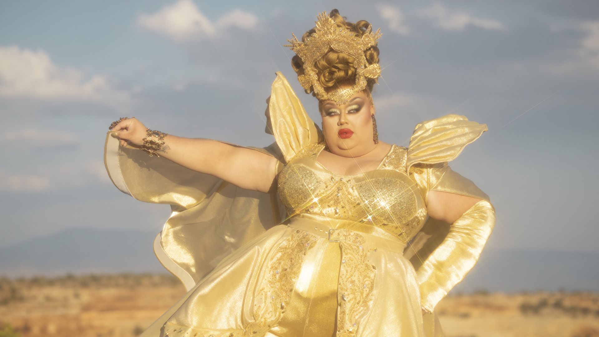 Drag queen Eureka poses in a desert during an episode of the HBO reality show "We're Here." Photo courtesy of HBO. 