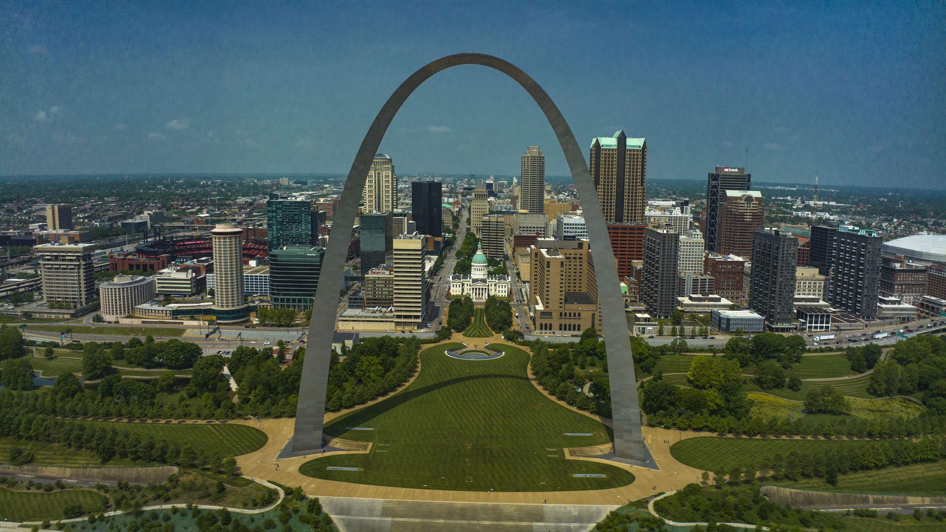 Aerial view of City of St. Louis skyline with Gateway Arch and Mississippi River, Missouri
