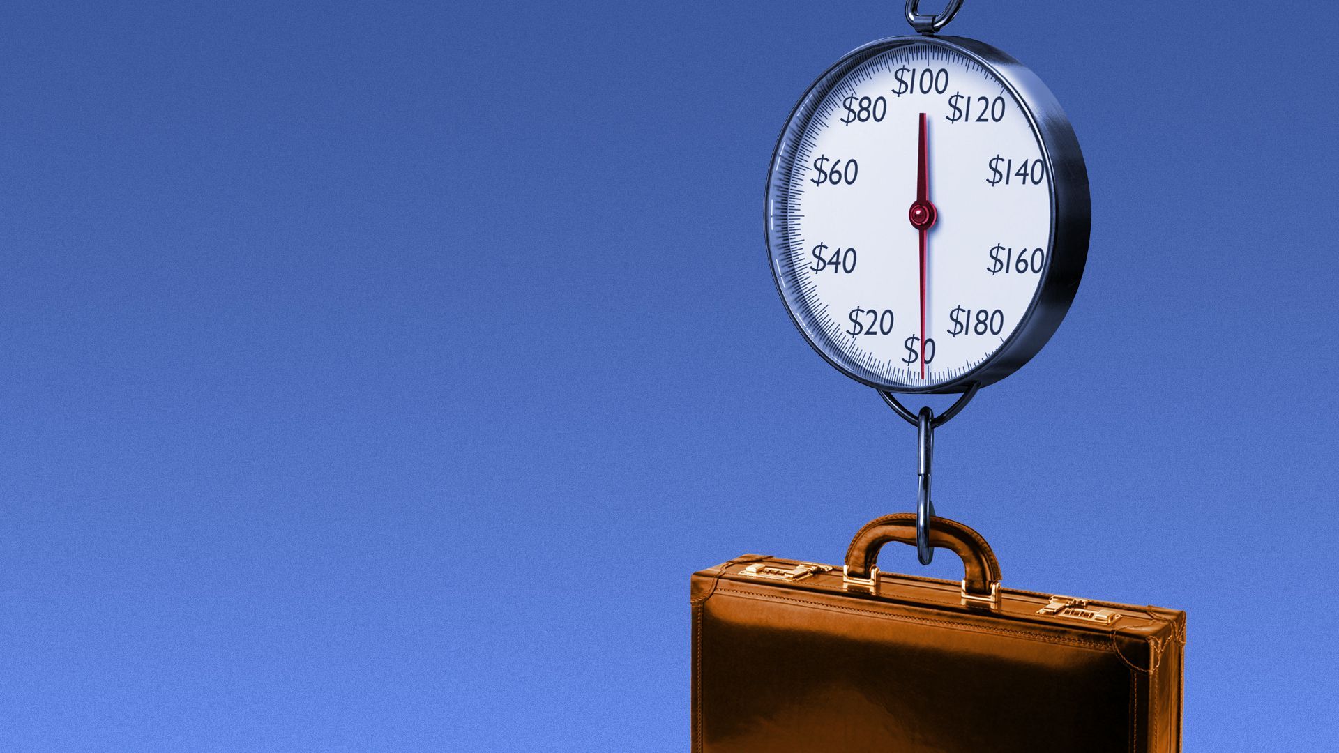 Illustration of a briefcase being measured by a hanging scale with dollar signs on it