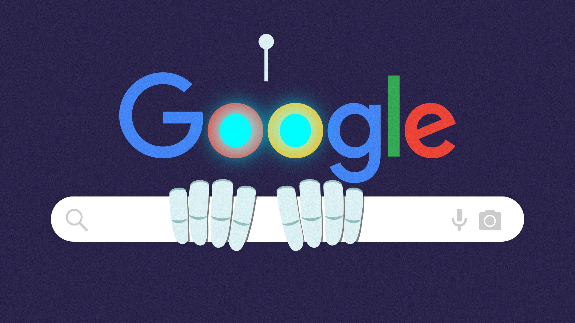 Illustration of the Google logo with glowing double O's and an antenna with robot fingers gripping the search bar.