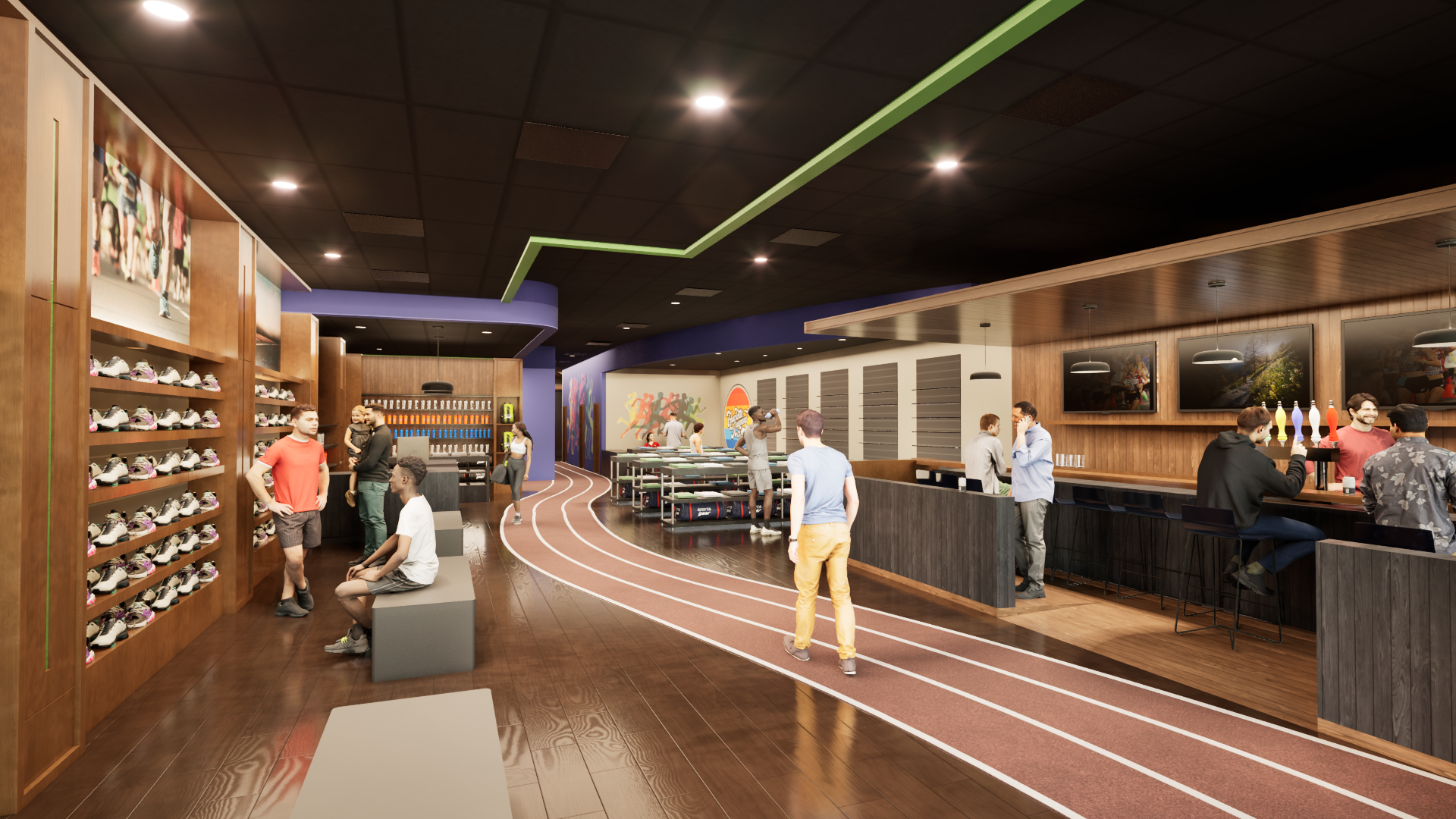 Interior of a modern sports store: left wall displays rows of running shoes, a red track curves along the wooden floor, and a bar area with customers sits to the right under framed photos.