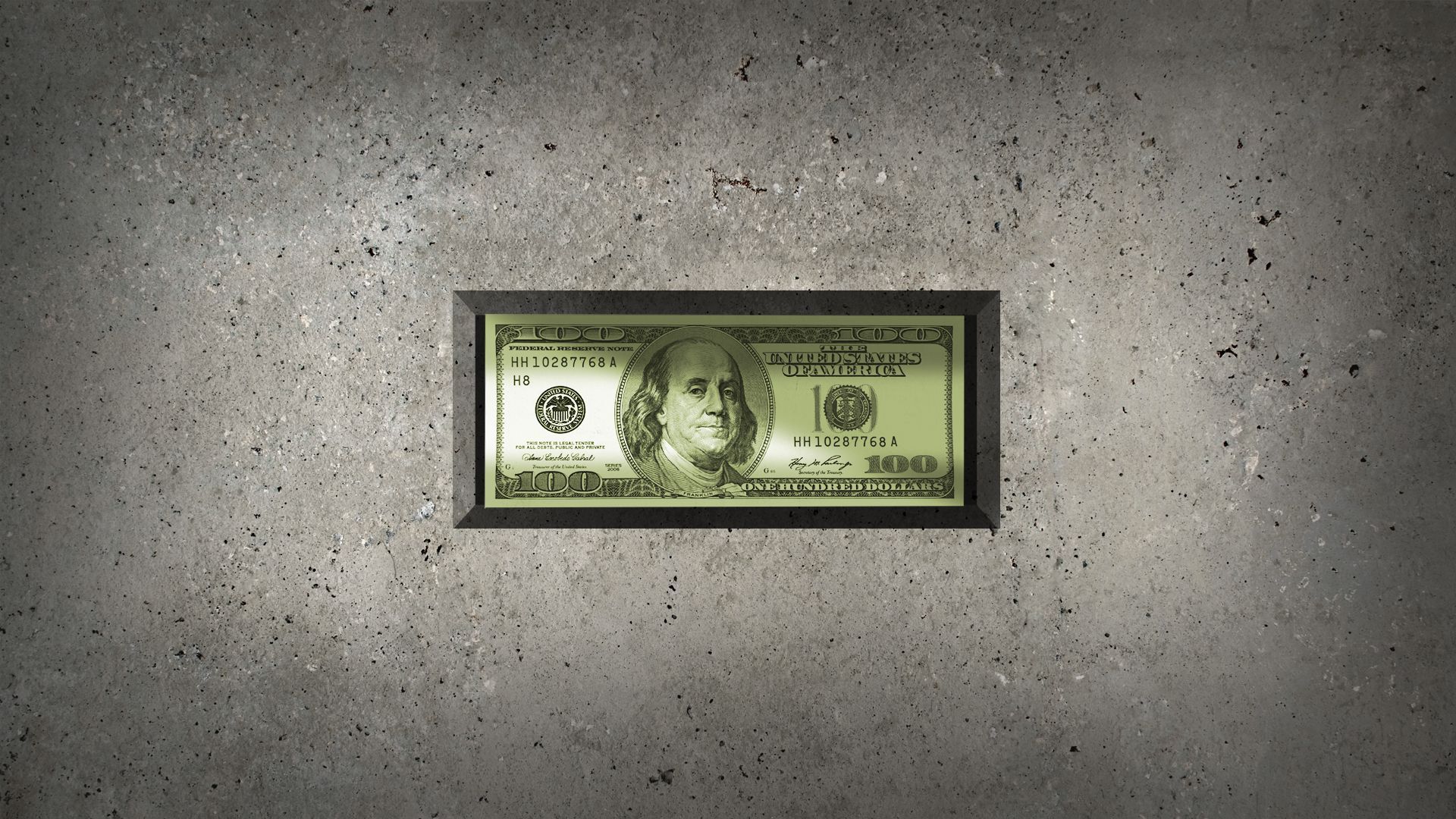 Illustration of a hundred dollar bill in a box of concrete
