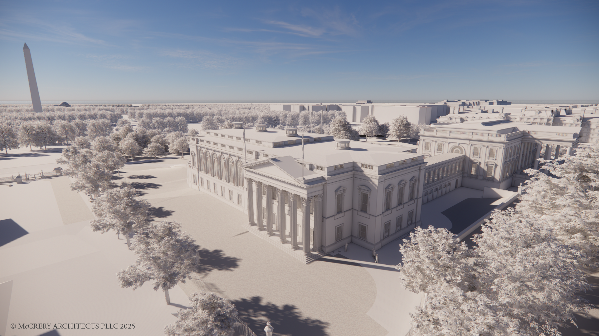 A grayscale 3D architectural rendering of a large neoclassical building with columns, surrounded by dense rows of trees under a blue sky. The Washington Monument is visible in the background.