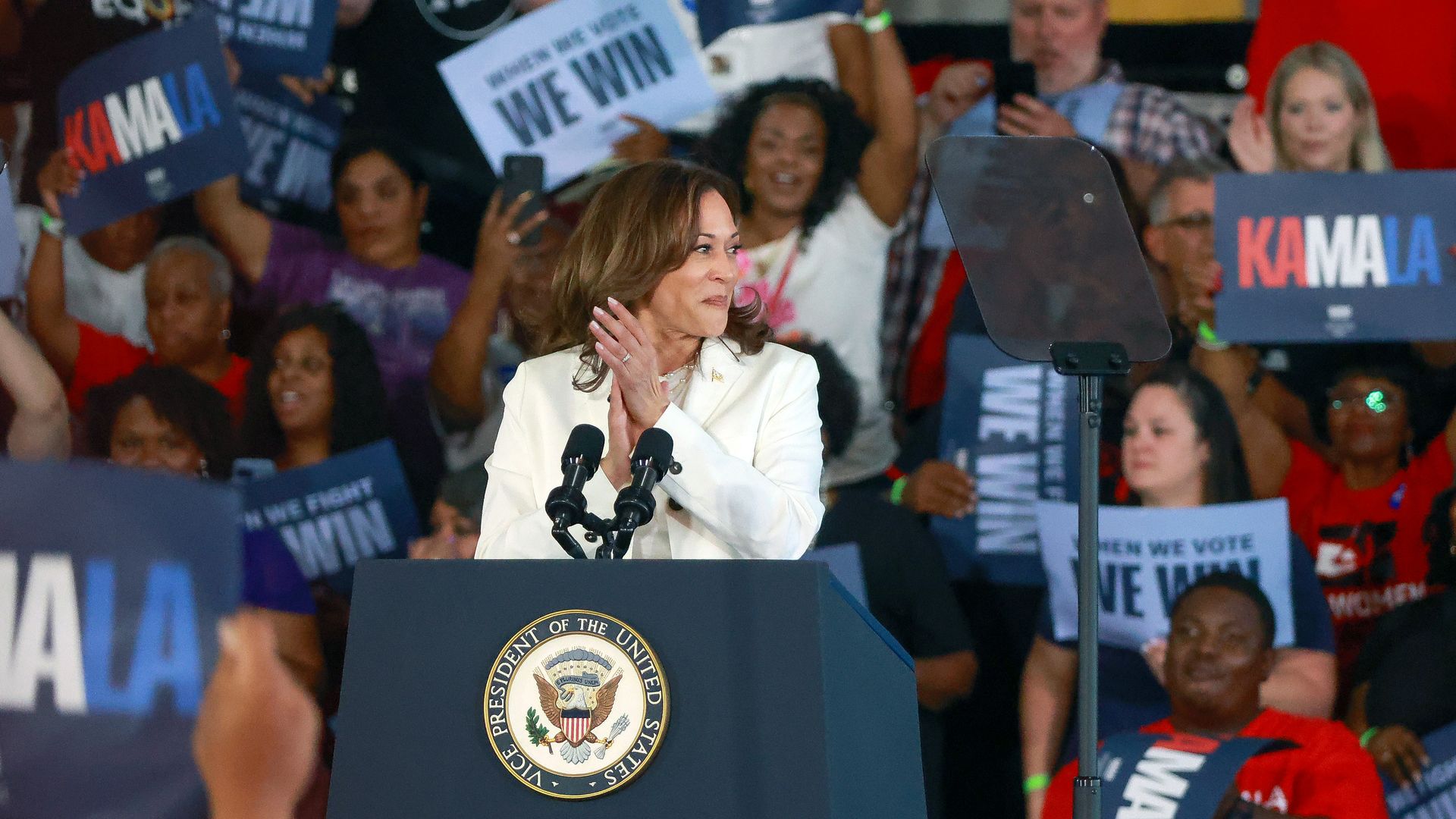 Vice President Kamala Harris speaks at an Aug. 7 campaign rally at Detroit Metro Airport.