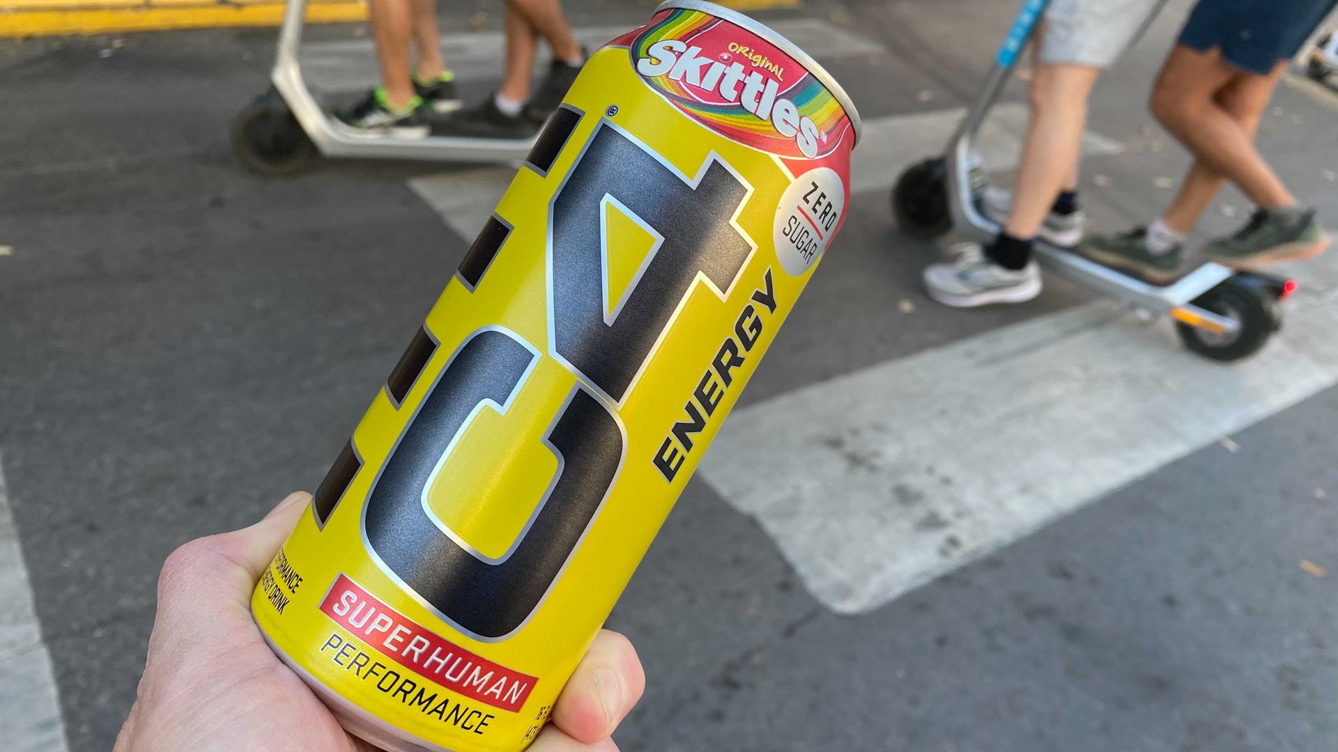 A can of Skittles-flavored C4 beverage
