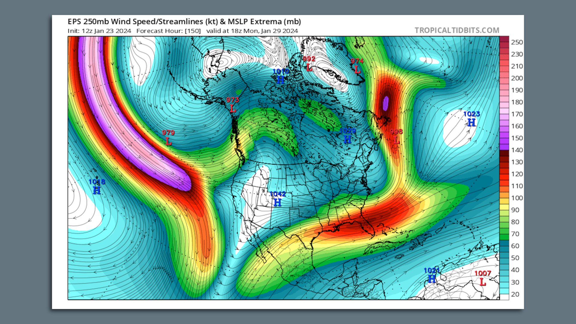 Map showing jet stream winds blowing across the Pacific Ocean into North America and across it.