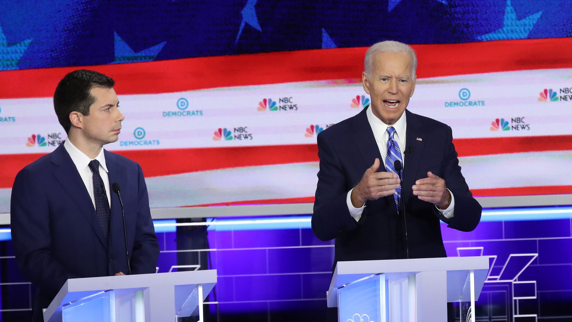  Democratic presidential candidates Pete Buttigieg, former Vice President Joe Biden in the second night of the first Democratic presidential debate on June 27, 2019 in Miami