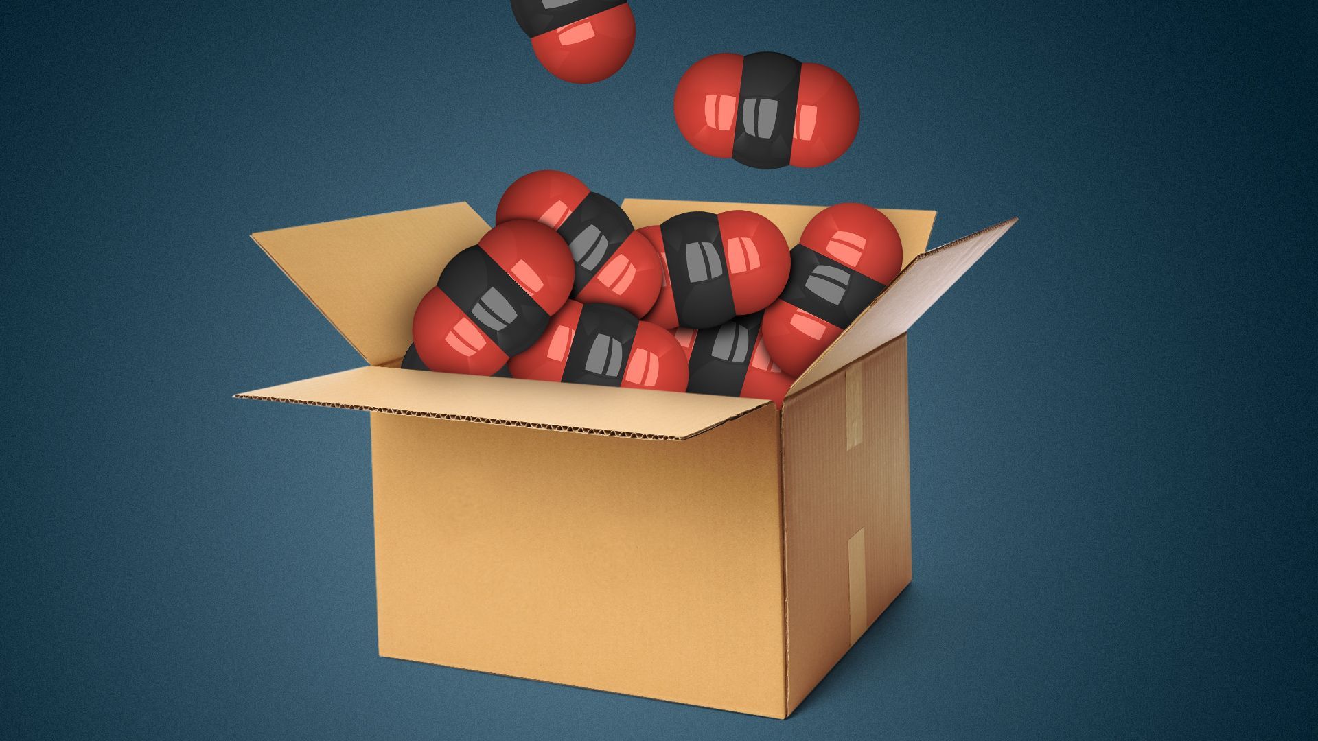 Illustration of a cardboard box full of carbon molecule with more falling from above. 