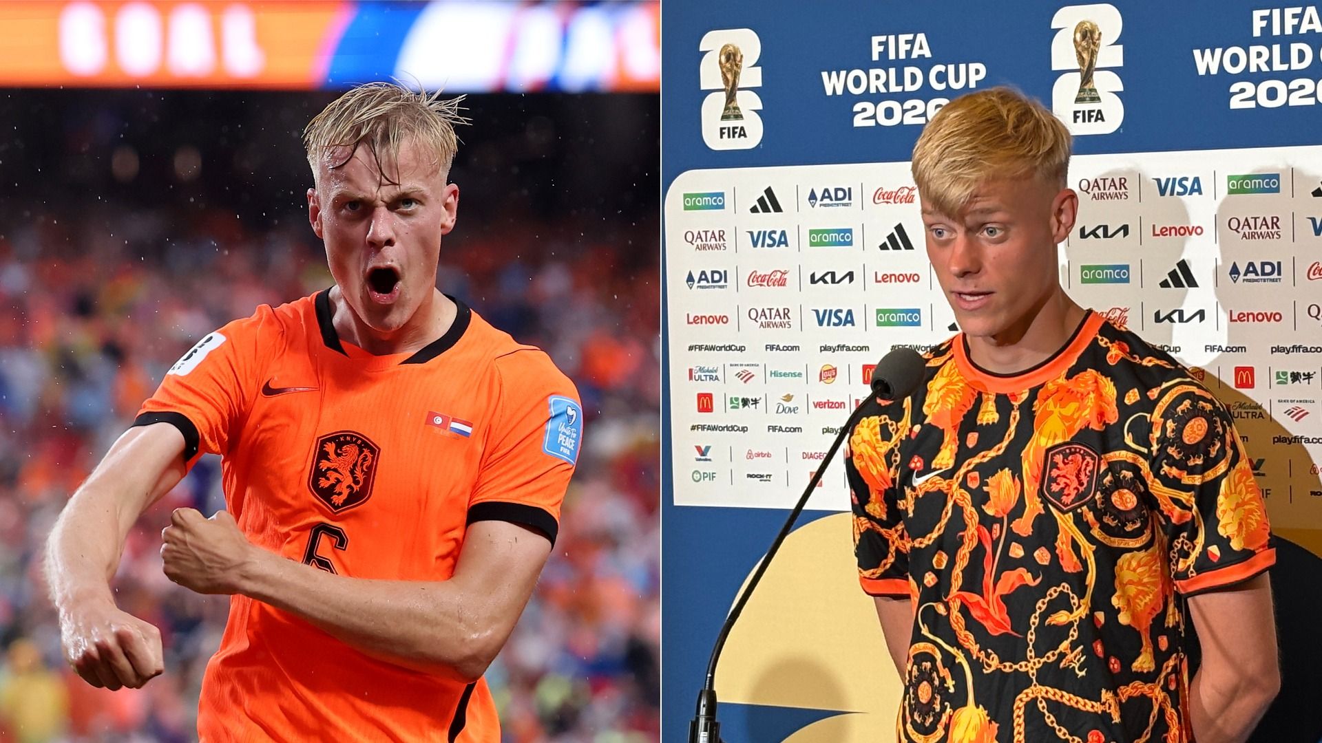 Photo on the left shows Netherlands player Jan Paul van Hecke, with blonde hair, pumping the air in celebration with the crowd in the background. Photo on the right shows him at a press conference with FIFA iconography and sponsors in the background. 
