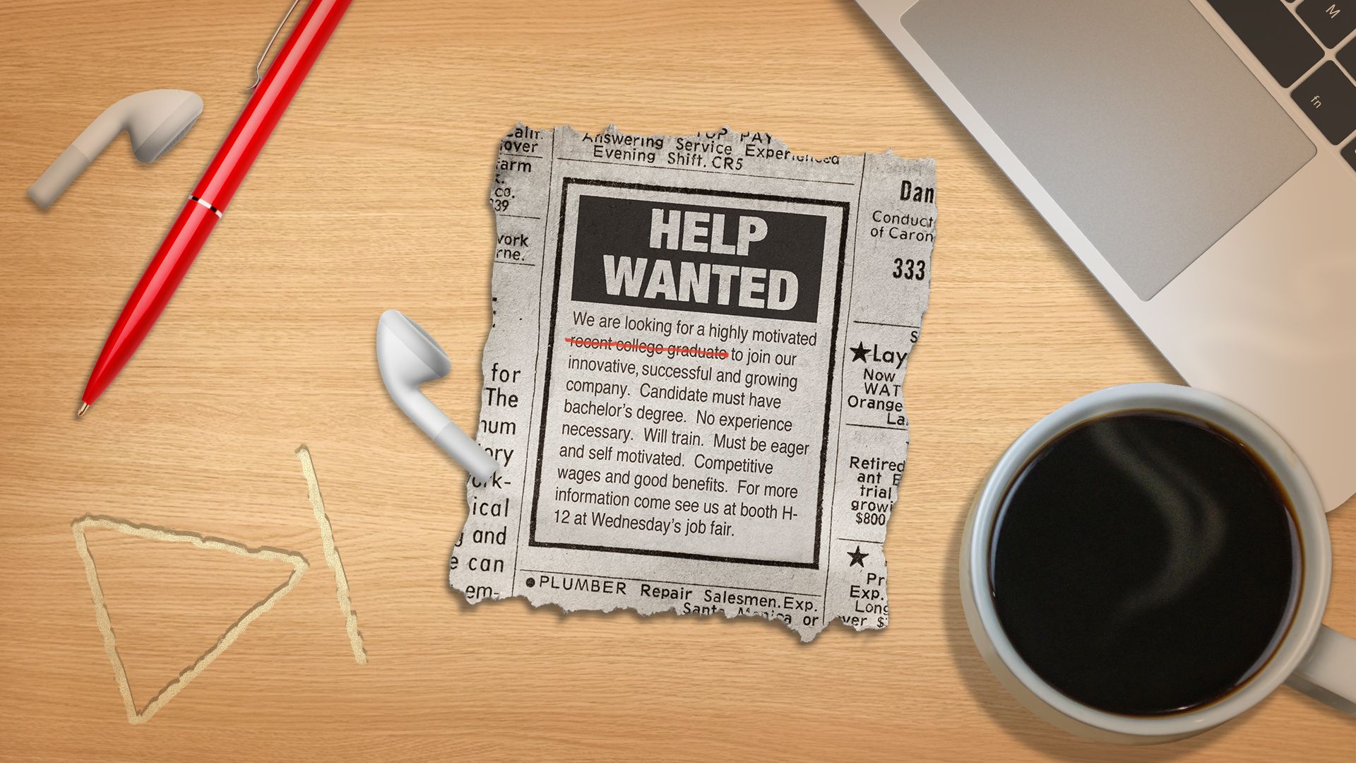 Illustration of a desk featuring various objects including a help wanted classified add with the words "recent college graduates" crossed out