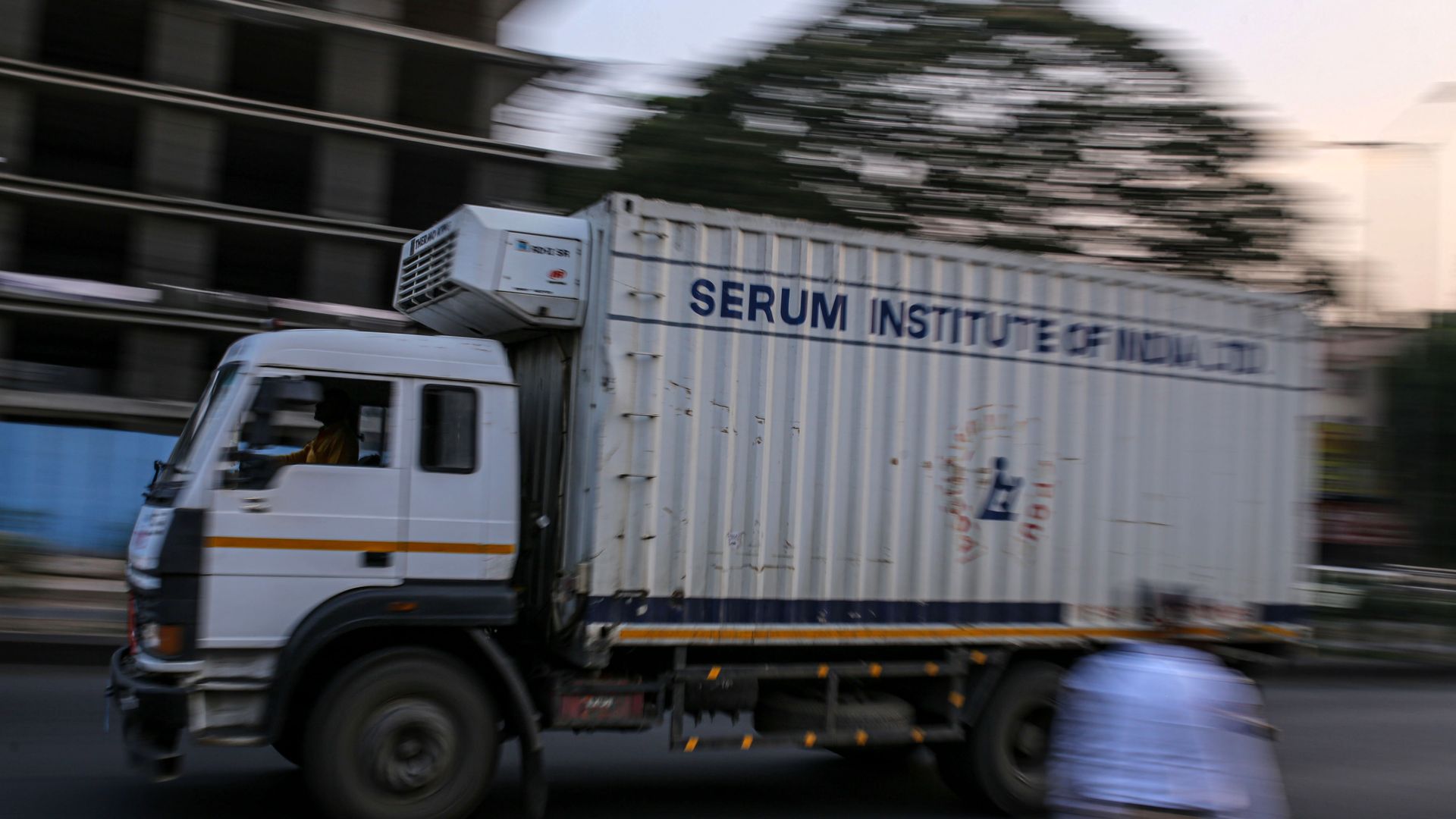 A Serum Institute of India truck driving in Maharashtra, India, on May 5.