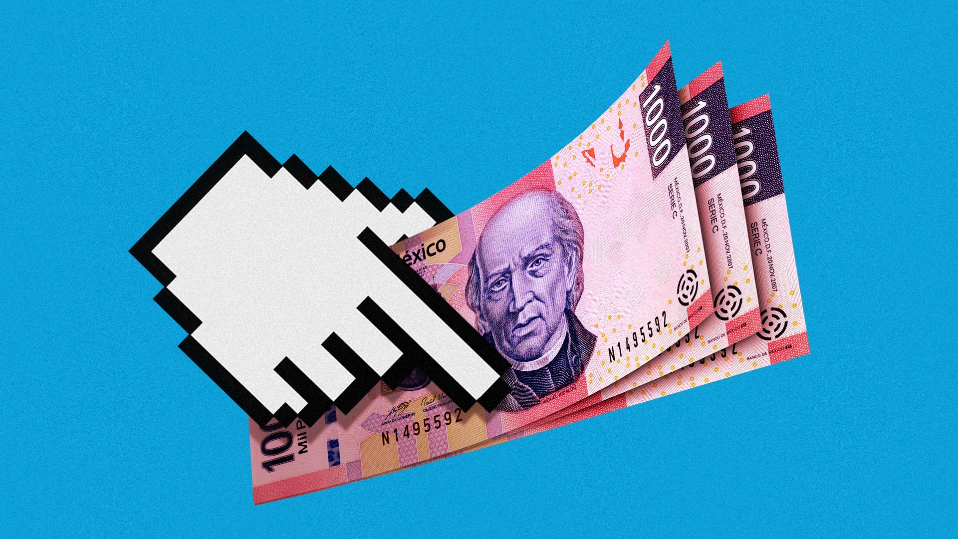 Illustration of a cursor holding a stack of Mexican peso bills