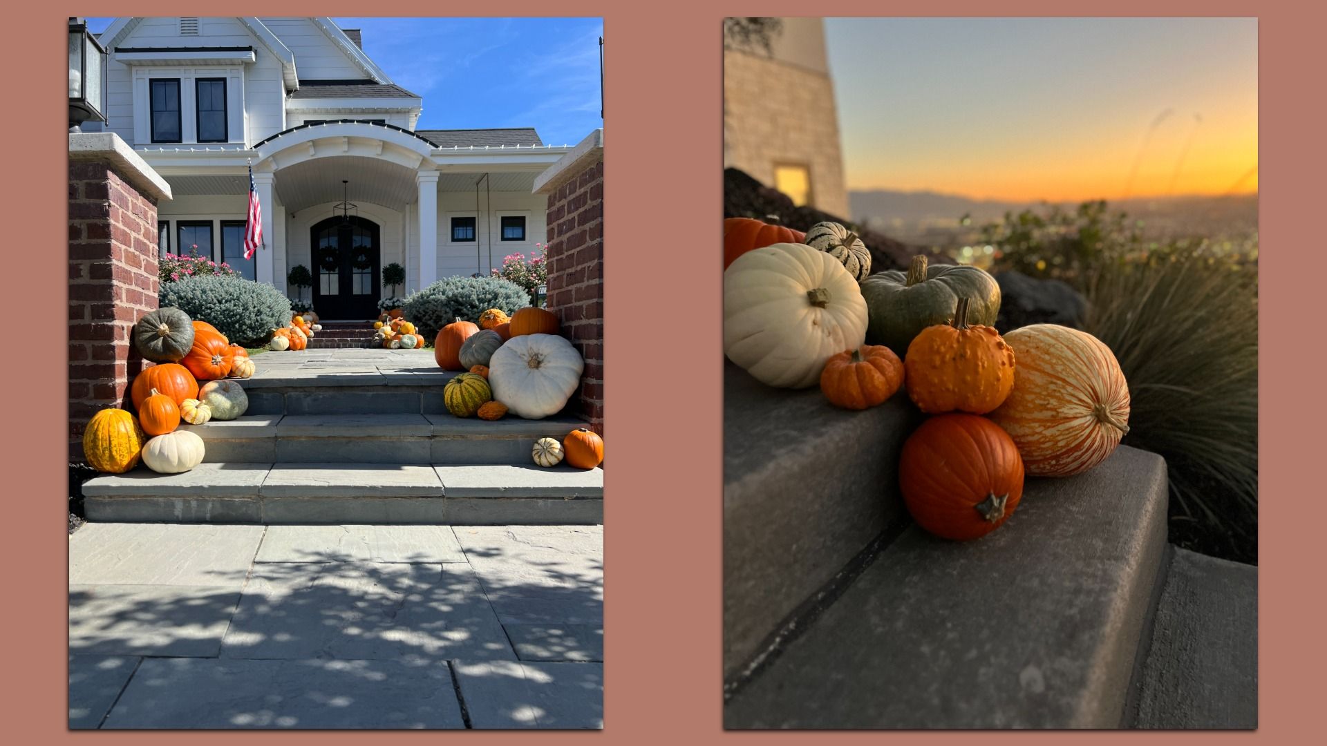 Two images show a white house front porch decorated with various orange, white, and green pumpkins on stone steps, one in daylight, the other at sunset with blurred background cityscape.