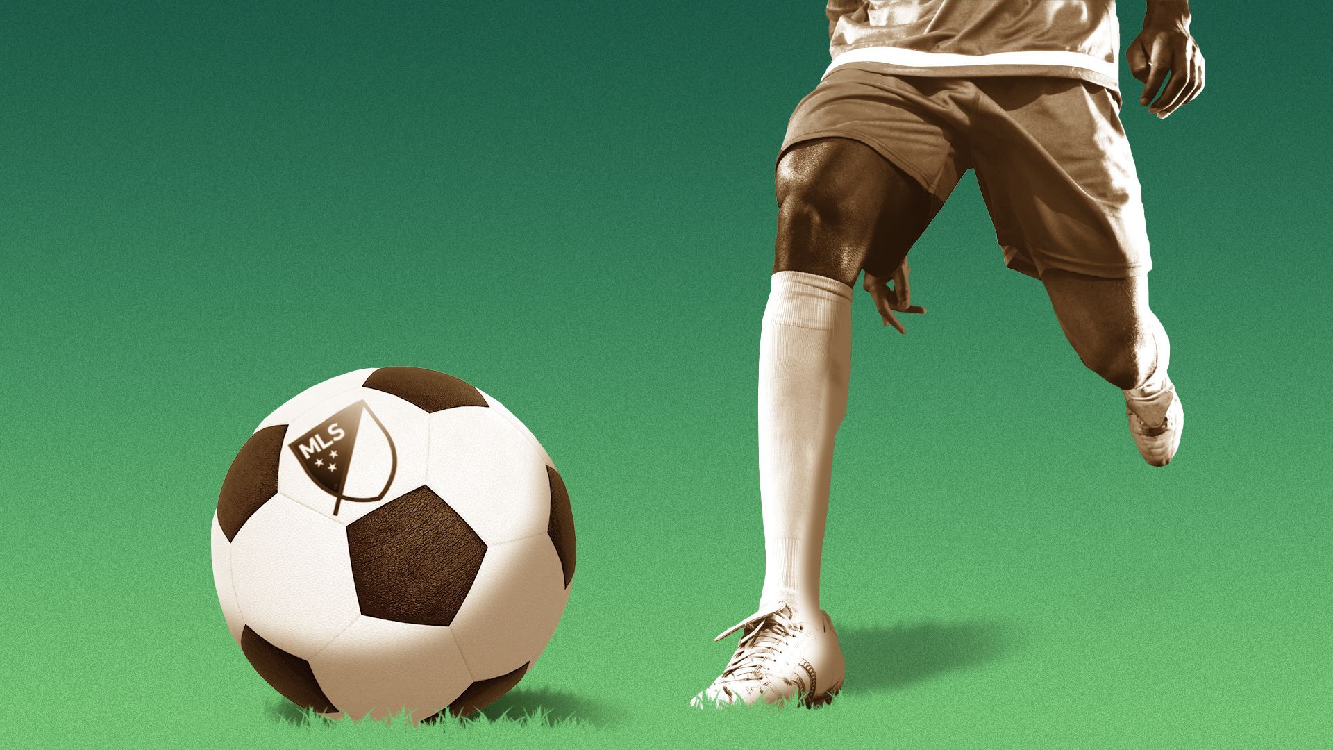 Illustration of a soccer player about to kick a ball with the MLS logo on it