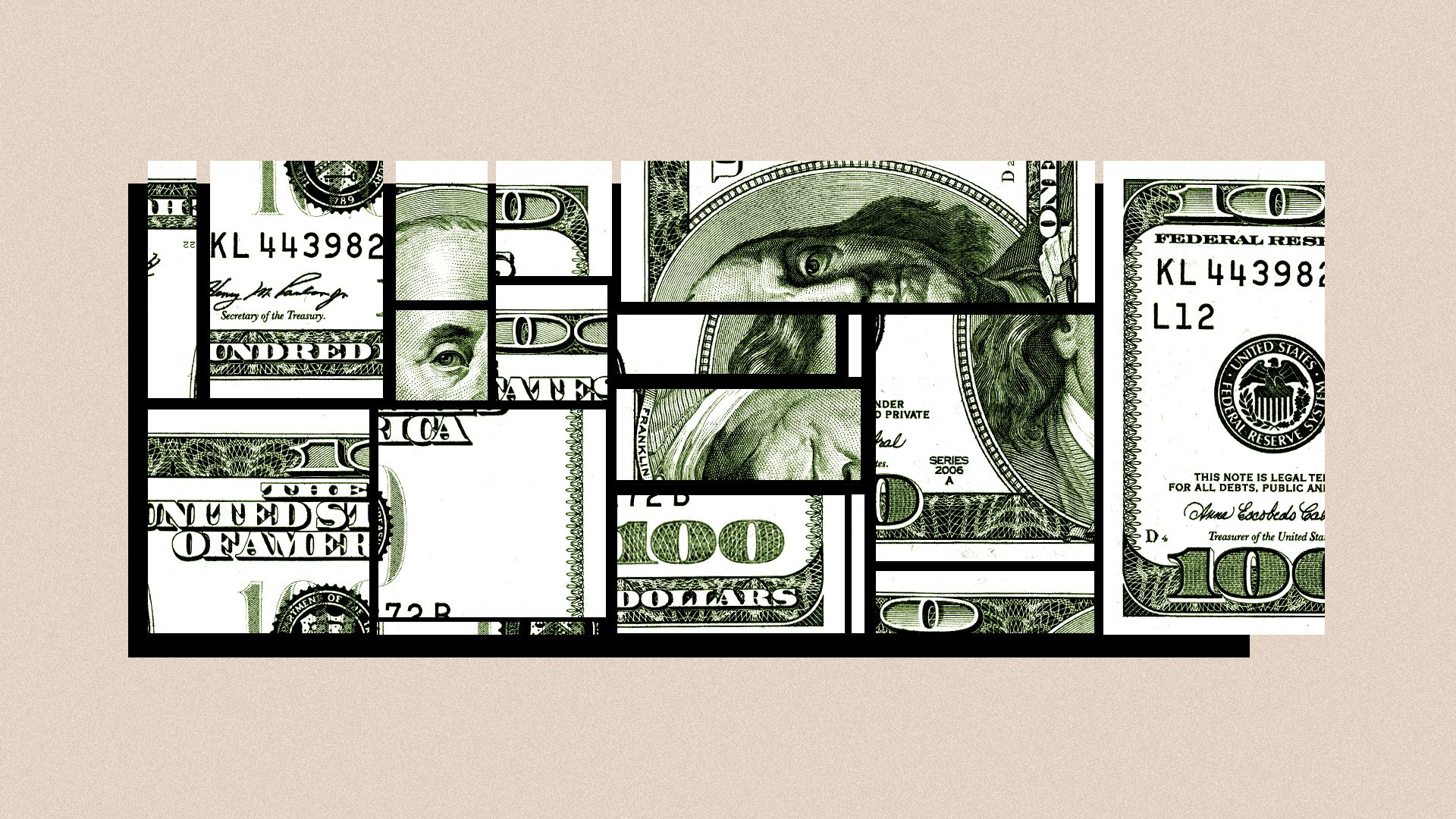 Illustration of a hundred dollar bill cut up and rearranged. 