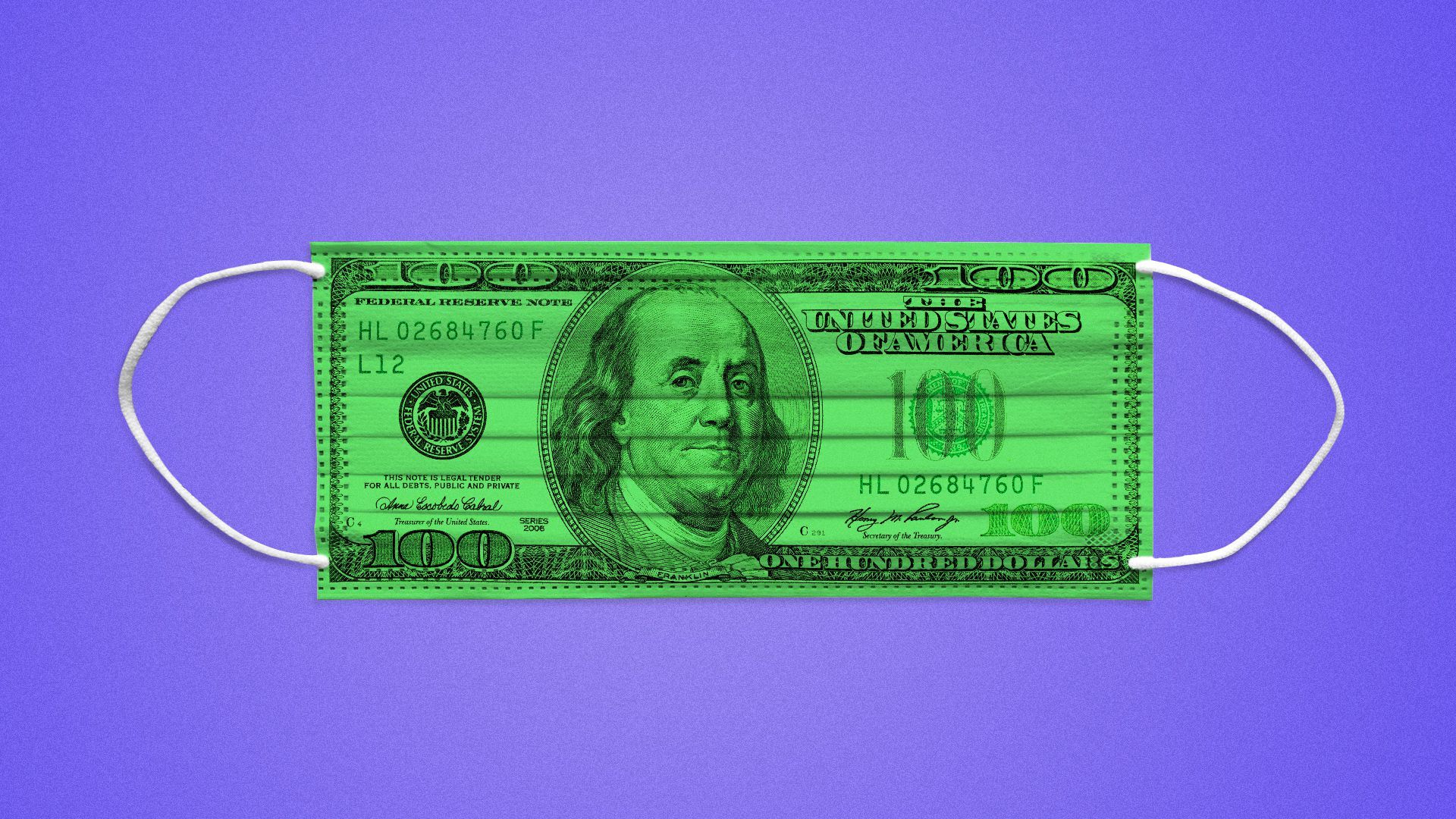 Illustration of a hundred dollar bill as a surgical mask.