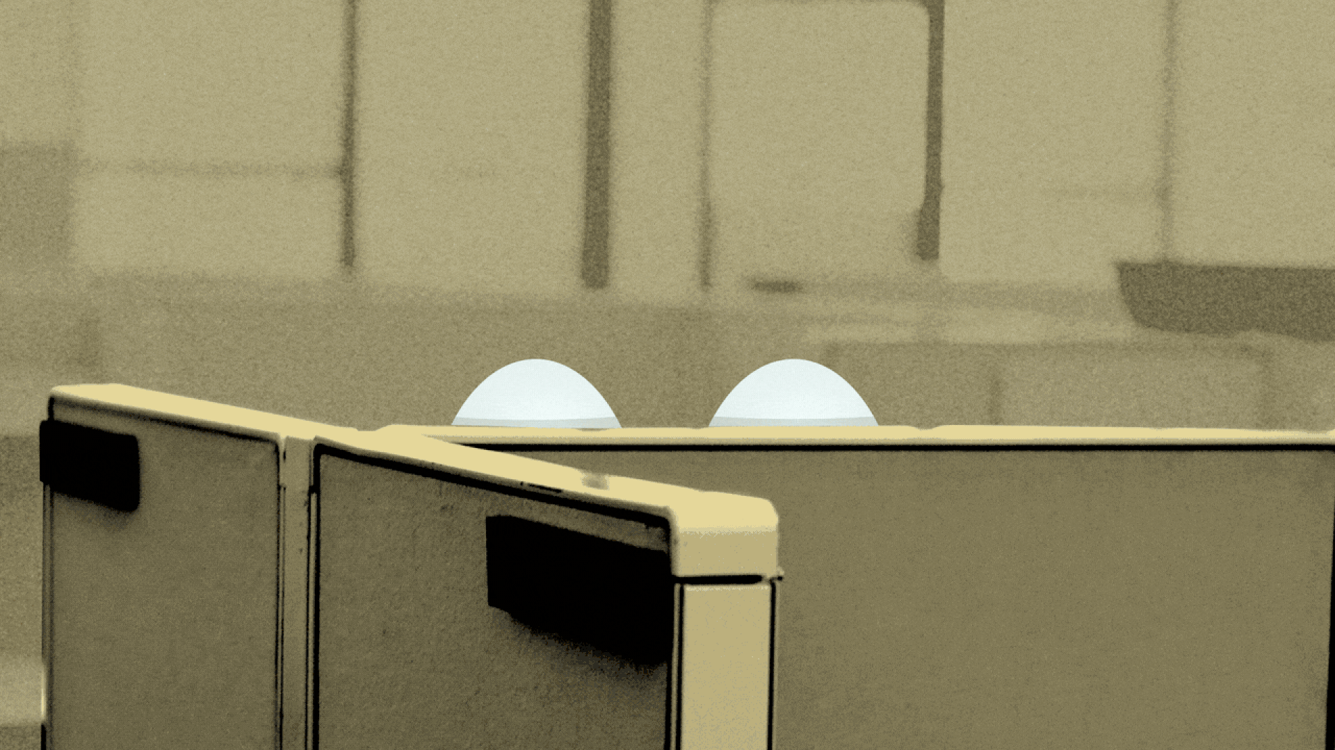 Illustration of a shaking eyes emoji rising from behind a cubicle wall.