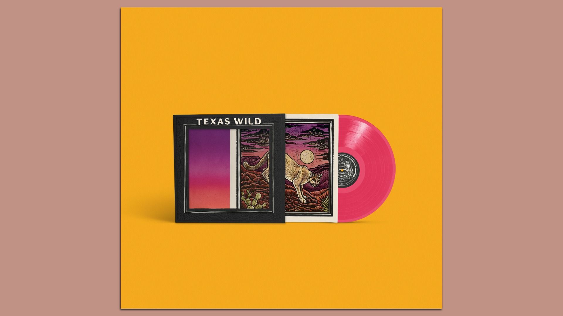 Pink vinyl record partially inside a sleeve with a desert scene and mountain lion illustration, next to a black cover titled "TEXAS WILD," all on a yellow background.