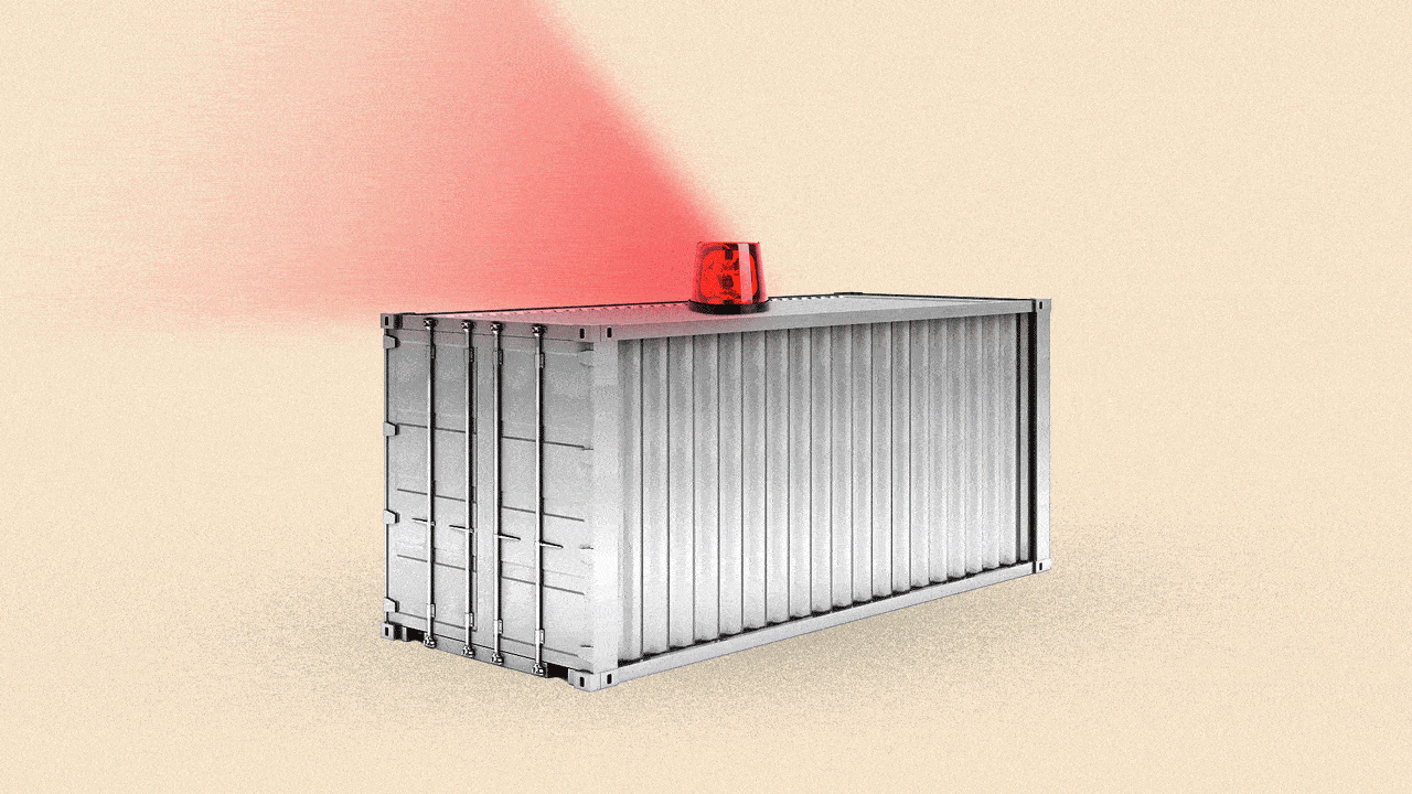 Animated illustration of a siren flashing on top of a shipping container.