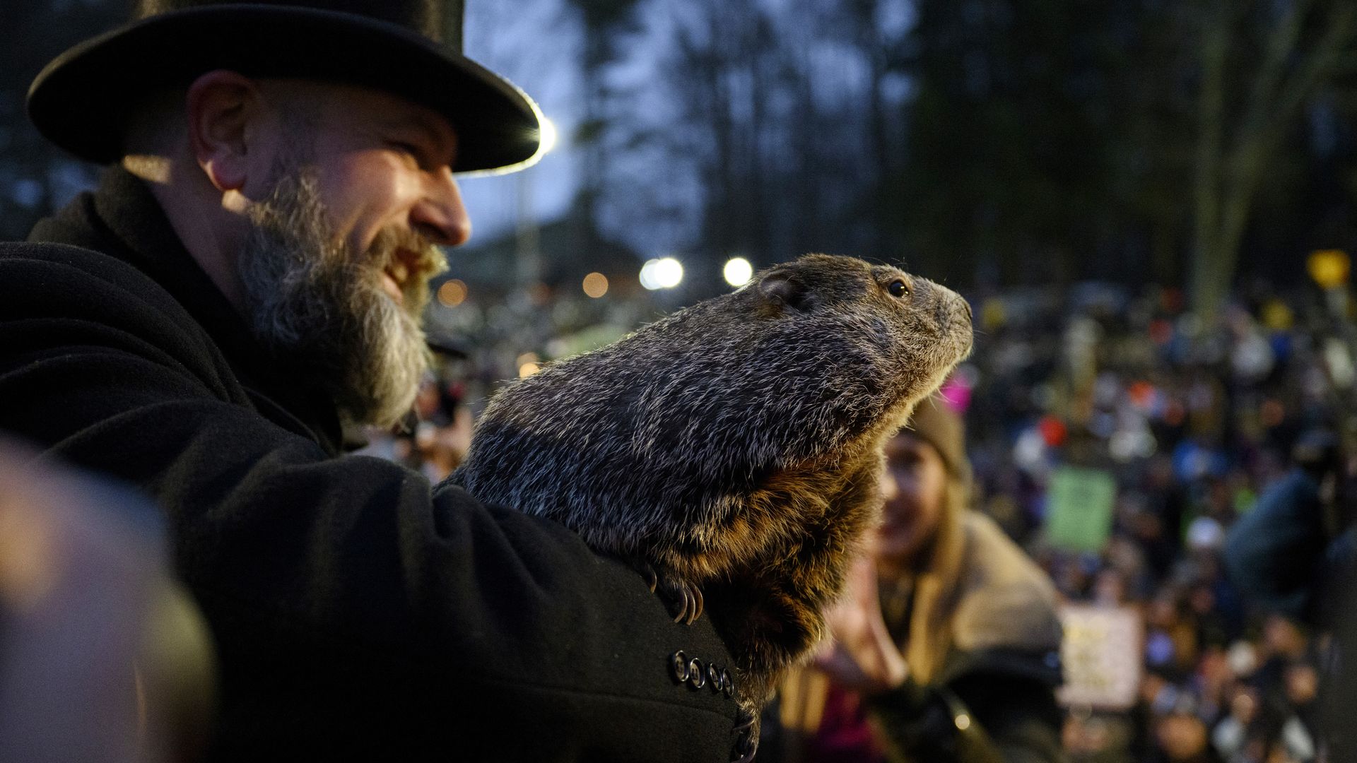 Groundhog handler AJ Dereume holds Punxsutawney Phil.