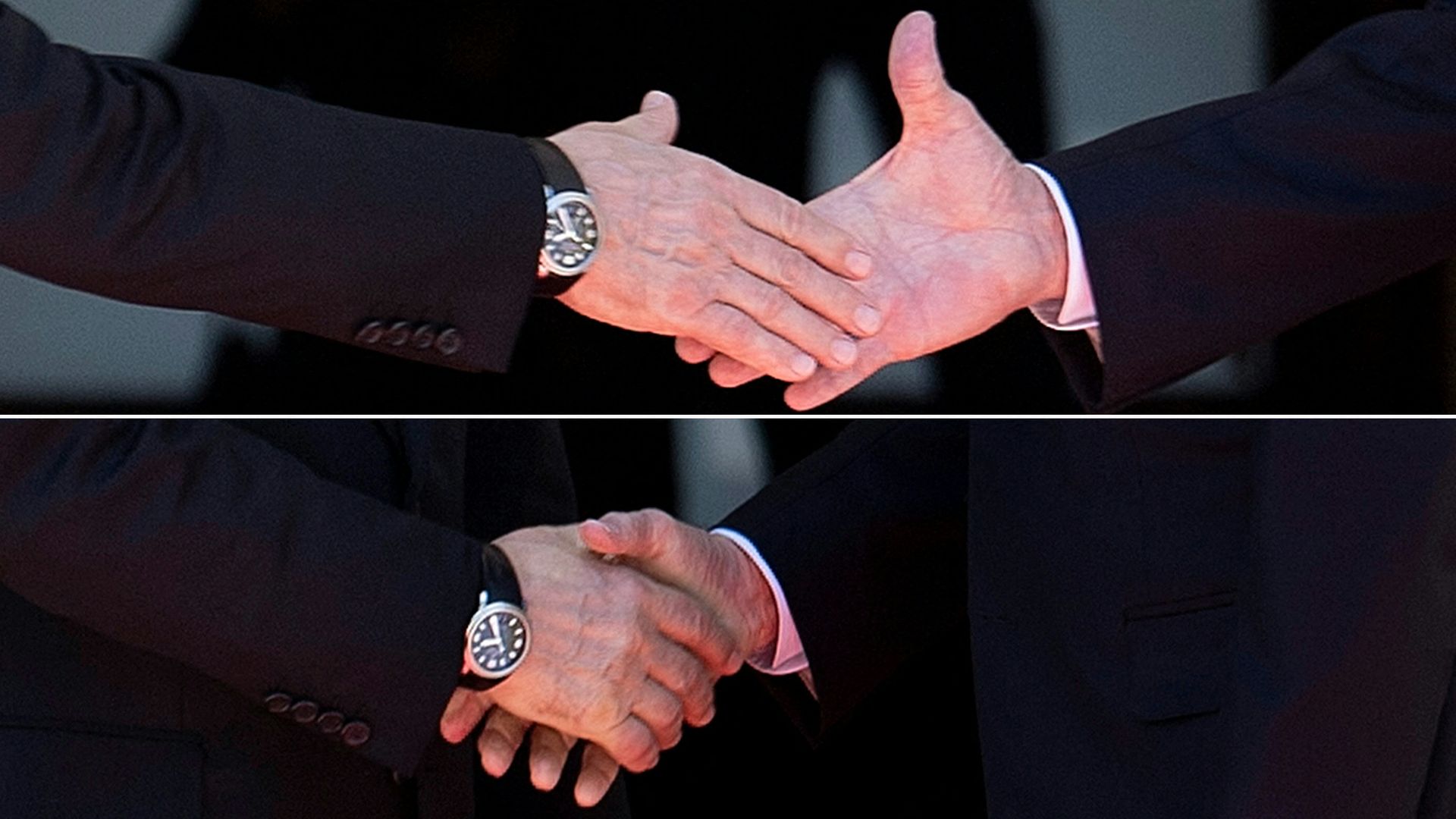 The hands of President Vladimir Putin and President Biden are seen approaching and grasping in a three-shot sequence of their handshake in Geneva.