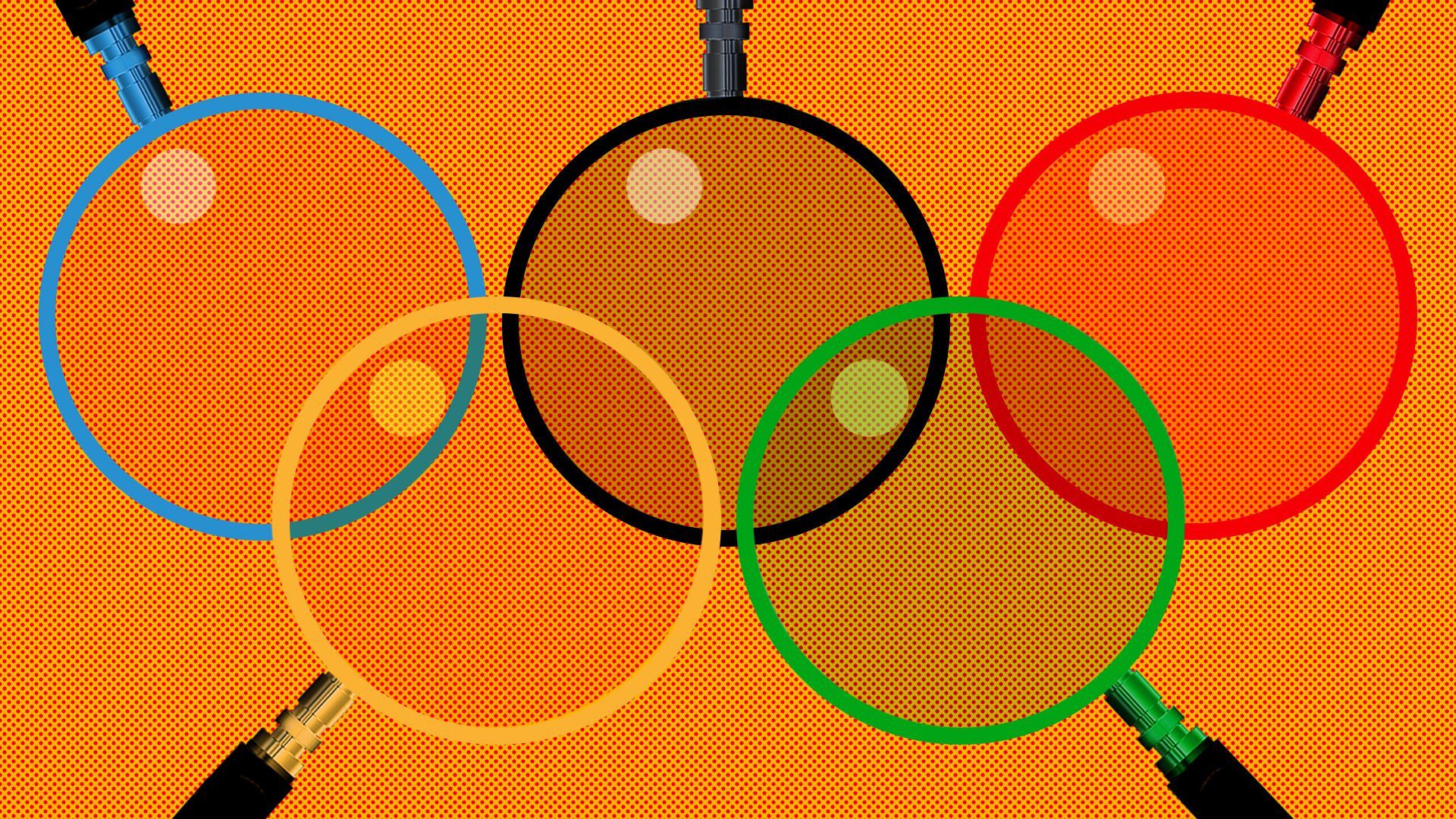 Illustration of a series of magnifying glasses in the shape of the Olympics logo